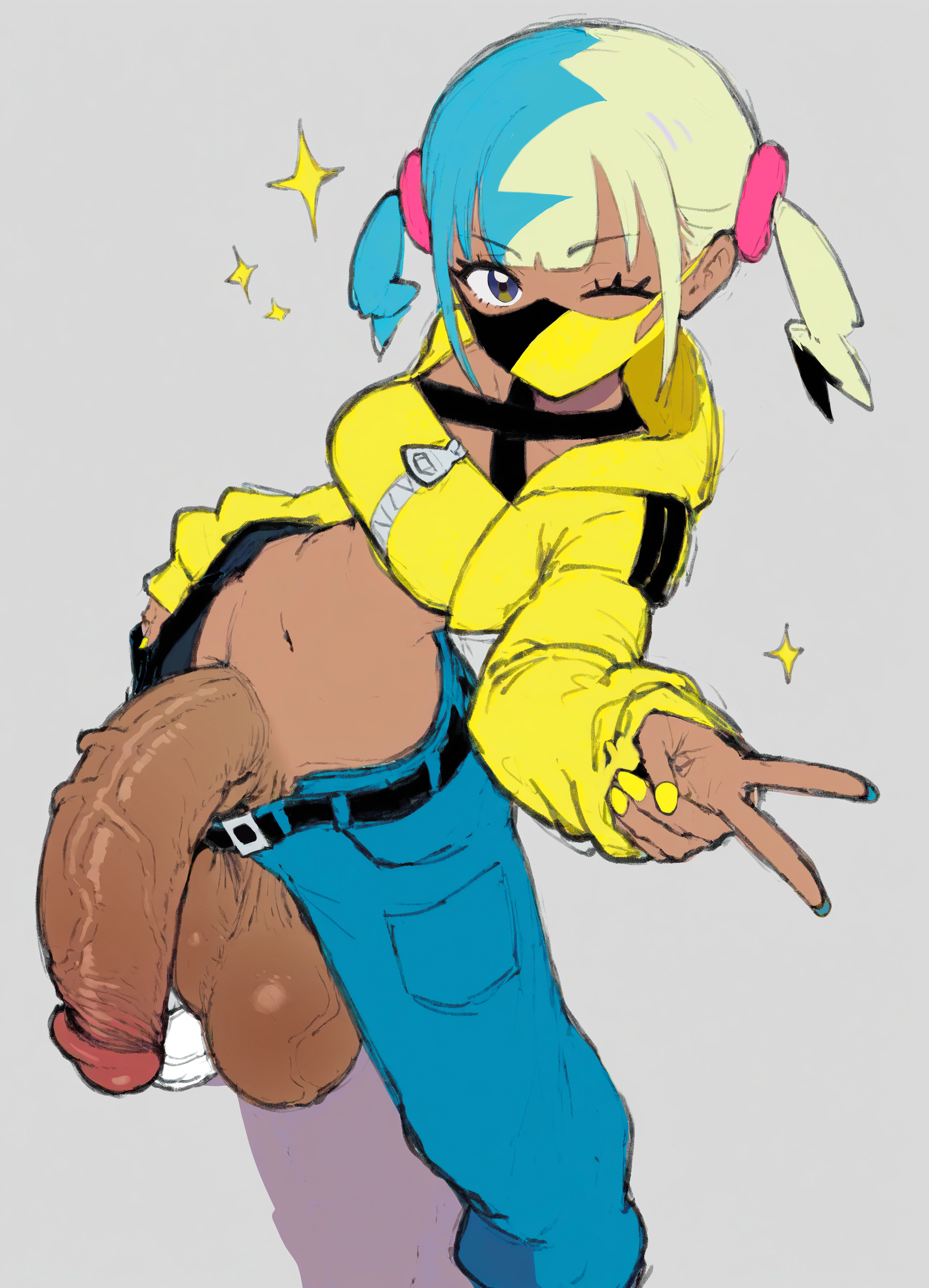 1futa ai_generated balls belt big_balls big_breasts blonde_hair blue_hair blunt_bangs breasts canari_(pokemon) clothes_pull covered_mouth cropped_hoodie cropped_jacket dark-skinned_female dark_skin eyelashes flaccid flaccid_penis from_above futa_only futaalover futanari gigantic_balls gigantic_testicles hood huge_balls intersex jacket large_balls large_testicles long_sleeves mask medium_breasts mouth_mask multicolored_hair nail_polish navel one_eye_closed open_pants pants pants_down pants_pull penis pokemon pokemon_legends:_z-a short_hair short_twintails sparkles testicles twintails two-tone_hair v veiny_balls veiny_penis veiny_testicles