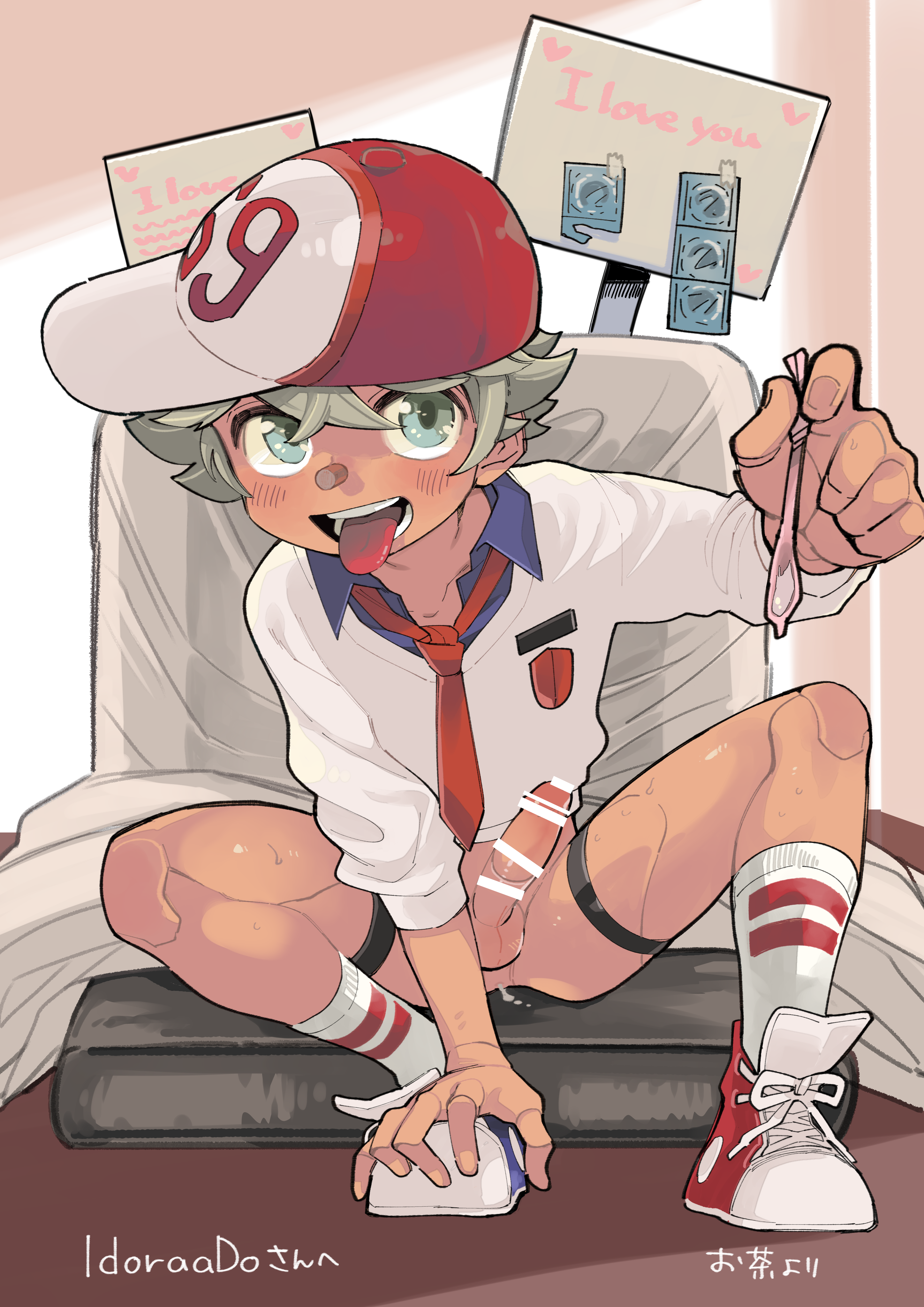 1boy absurdres artist_request balls bar_censor baseball_cap blue_eyes blue_shirt censored collared_shirt condom english_text erection f.t.p.h.d. fairytale_police_hoe_department grey_hair hair_between_eyes hat highres holding holding_condom indoors light_blush looking_at_viewer male male_focus necktie open_mouth penis pinocchio_ardalos red_necktie second-party_source shirt short_hair sitting socks solo sweater tape teeth testicles tongue tongue_out translation_request two-tone_footwear white_socks white_sweater
