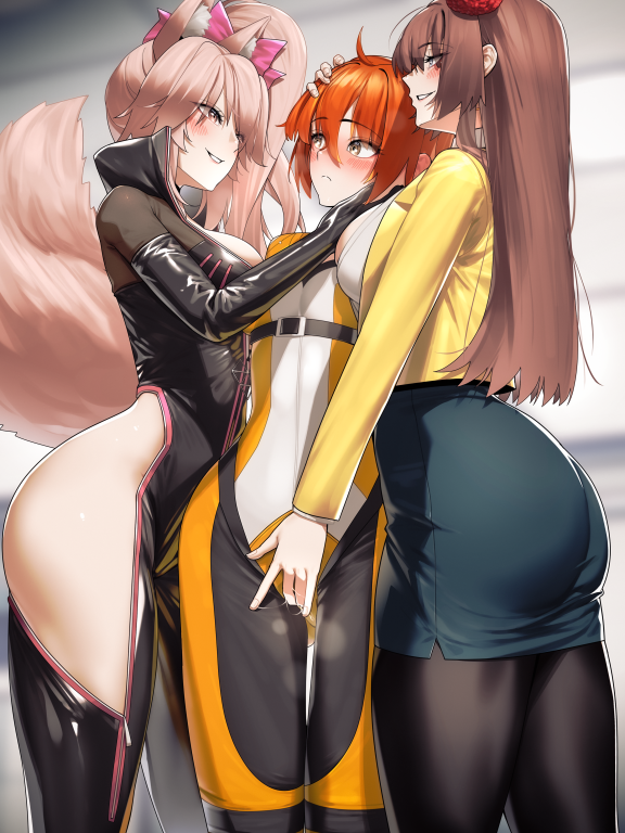 3girls ahoge animal_ear_fluff animal_ears ass black_bodysuit black_pantyhose blush bodysuit bow breasts brown_hair chaldea_combat_uniform fate/grand_order fate_(series) female fingering flower fox_ears fox_girl fox_tail fujimaru_ritsuka_(female) fujimaru_ritsuka_(female)_(chaldea_combat_uniform) grey_eyes grey_skirt grin hair_between_eyes hair_flower hair_ornament hairbow hip_vent jacket koyanskaya_(assassin)_(first_ascension)_(fate) koyanskaya_(fate) large_breasts long_hair long_sleeves mata_hari_(fate) medium_breasts multiple_females multiple_girls orange_bodysuit orange_eyes orange_hair pantyhose pencil_skirt pink_bow pink_hair png ponytail pussy pussy_juice shirt short_hair sidelocks skirt smile tail tamamo_(fate) tamamoice thighs white_shirt yellow_eyes yellow_jacket yuri