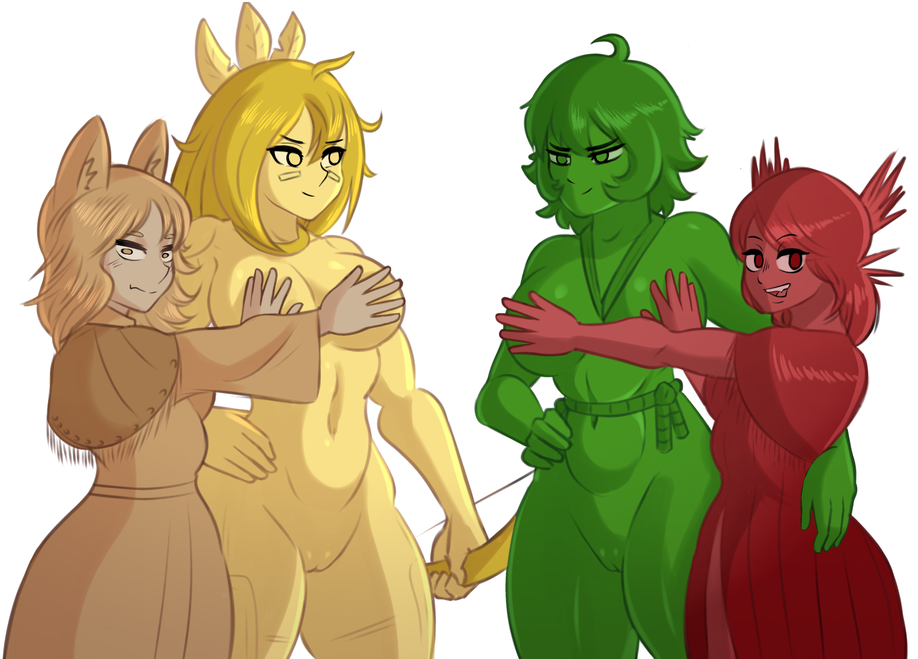 2girls :3 animal_ears ass back blonde_hair bracelet braid breasts brown_hair cat_ears cat_tail closed_mouth closed_mouth_smile commentary commission commission_art cowboy_shot dark-skinned_female dark_skin elaguacatitoart english_commentary female female_only gold gold_jewelry gold_panties green_eyes hair_between_eyes hand_on_another's_hip head_ornament height_difference highleg highleg_panties highleg_thong jewel_on_forehead jewelry large_breasts legs lighting lion_girl lion_tail long_hair looking_away medium_breasts mughal navel nipples one_eye_closed original pakistan panties personification red_panties sideboob simple_background smile sweatdrop tail tan tan_lines teeth thigh_strap thighs thong topless topless_female underwear whiskers white_background wink yuri