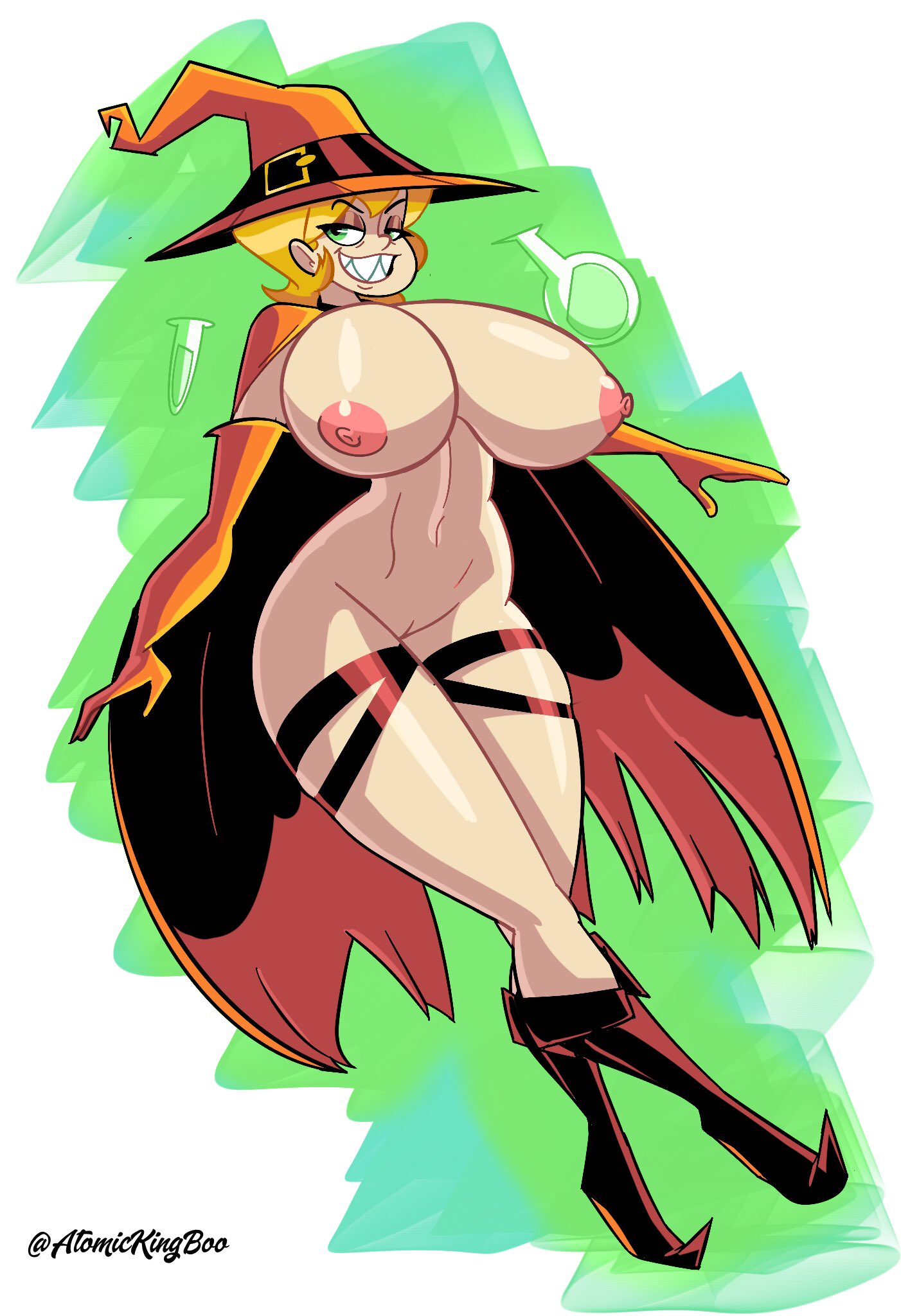 atomickingboo, original character, halloween, original, 1girls, areola, areolae, artist name, bursting breasts, busty, cleavage, clothing, hat, hips, hourglass figure, jackie lantern, legs, light-skinned female, light skin, magic, magic user, magical girl, nipples, thick, thick legs, thick thighs, thighs, thong, upper body, voluptuous, wide hips, witch, witch hat, 
