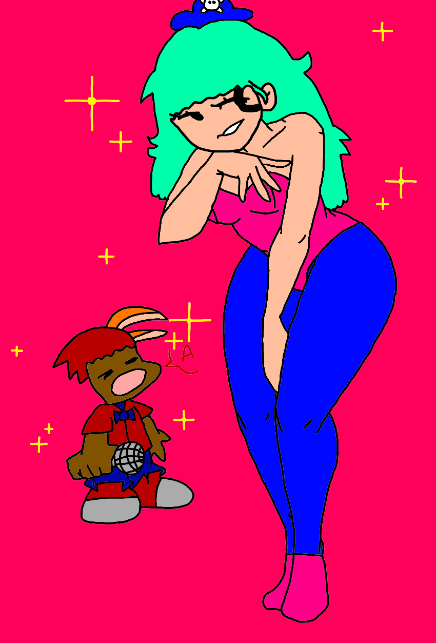 pink background, blue legwear, dark red hair, light green hair, pink clothing, priate, smaller male, taller girl, 