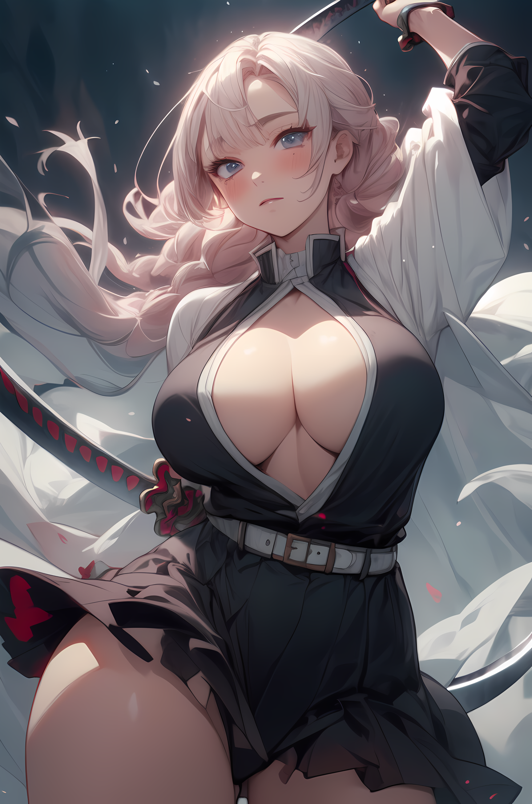 kanroji mitsuri, demon slayer, kimetsu no yaiba, 1girls, ai generated, big breasts, blush, braid, breasts, busty, cleavage, female, female focus, female only, green eyes, green hair, huge breasts, large breasts, massive breasts, miniskirt, mole under eye, multicolored hair, panties, pink hair, skirt, skirt lift, solo, solo female, sword, the way (artist), thick thighs, thighs, thin waist, two tone hair, uniform, voluptuous, voluptuous female, wide hips, 