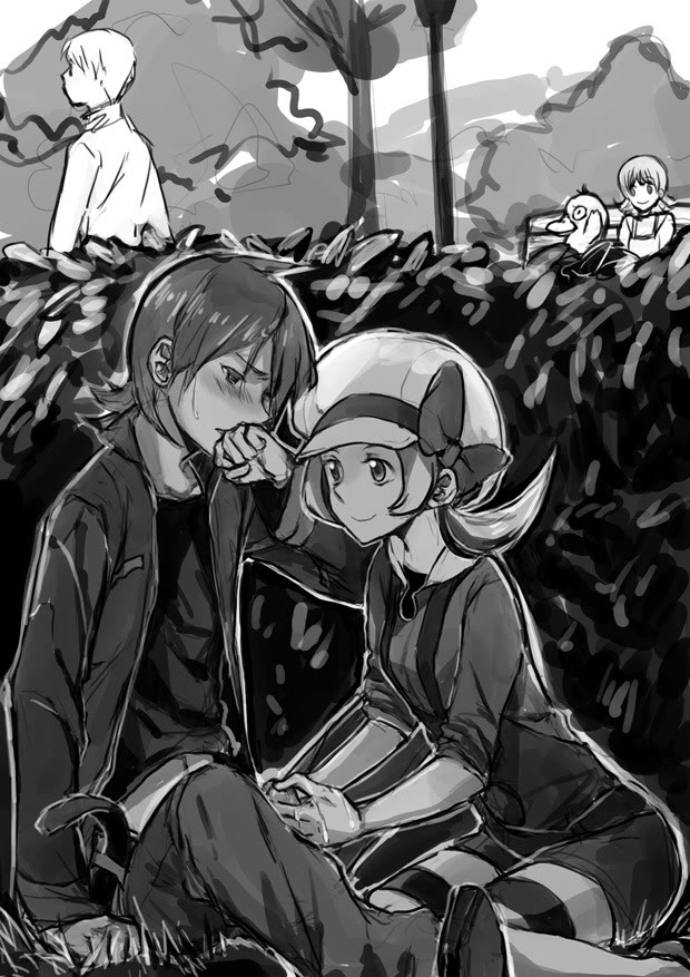 obo, lyra (pokemon), psyduck, silver (pokemon), nintendo, pokemon (game), pokemon hgss, monochrome, cum, female, hat, human only, outdoors, penis, pokemon, public, smile, uncensored, 