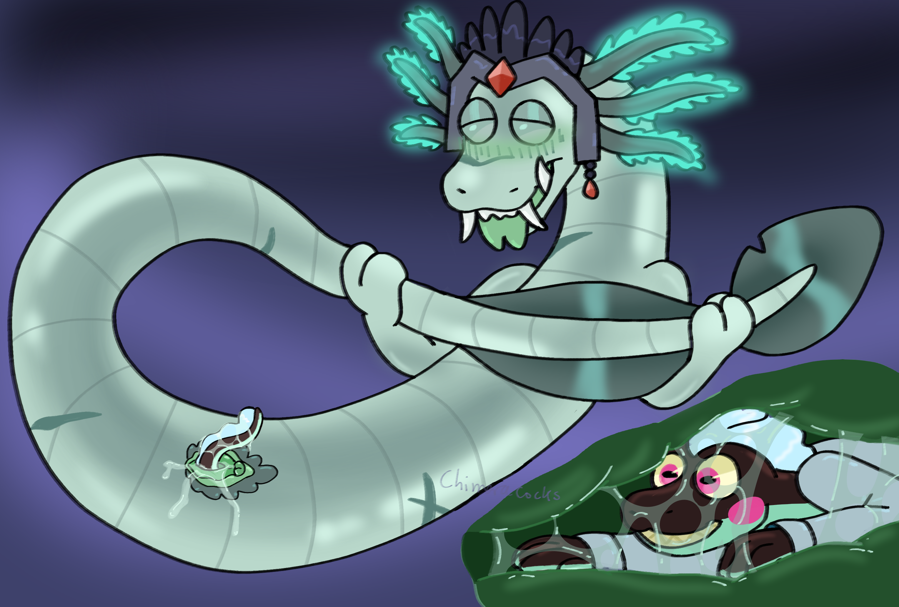 hi res, ambiguous gender, amphibian, anthro, bodily fluids, chimeracocks, crested newt, dr grant (chimeracocks), duo, genital fluids, glowing, gripping tail, internal, intersex, intersex/male, looking pleasured, male, micro, newt, olm, pussy juice, salamander (amphibian), scars all over, scientist, sharp teeth, siren (chimeracocks), size difference, teeth, unbirthing, vaginal penetration, vore, 