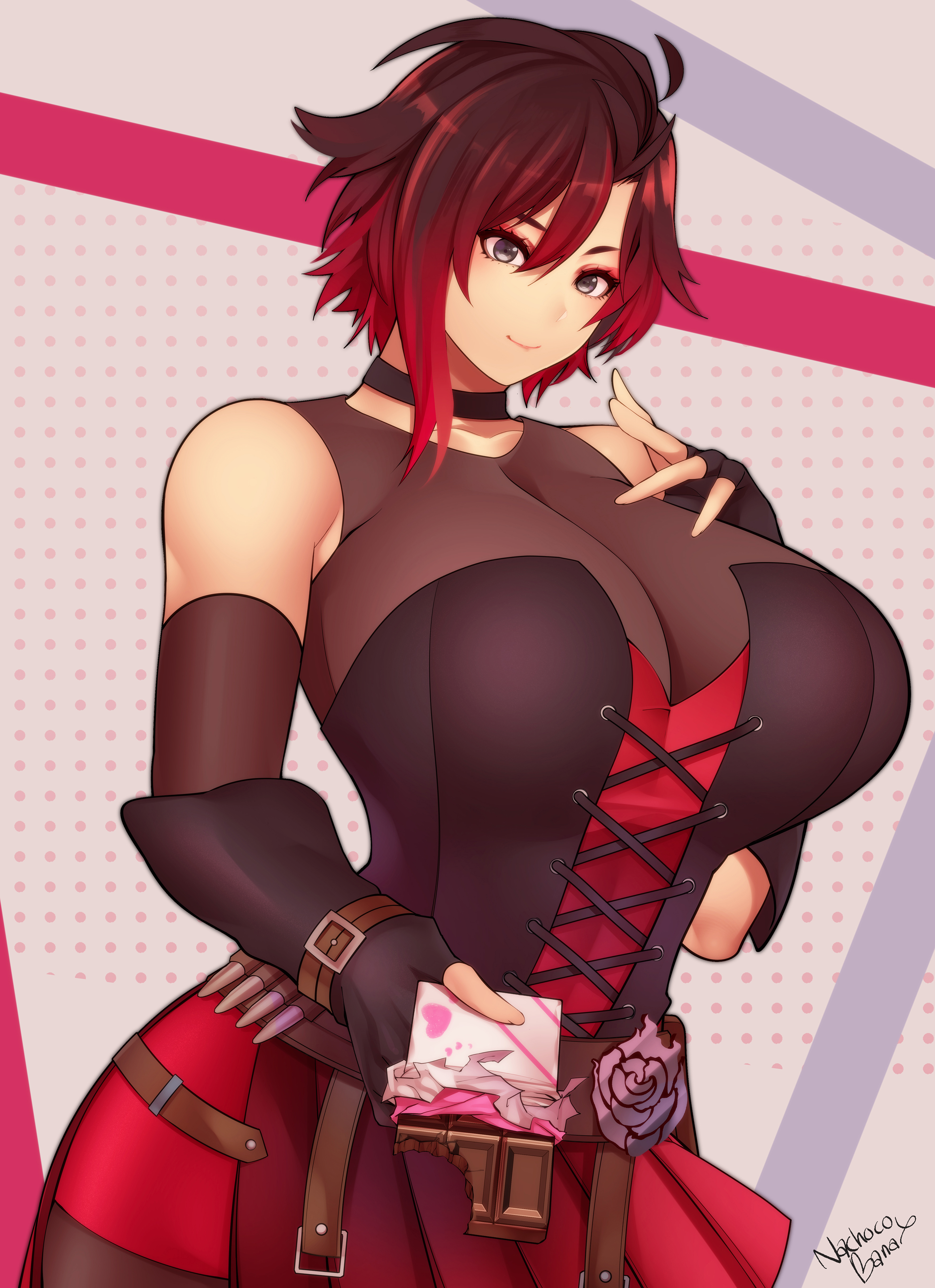 nachocobana, ruby rose, rwby, 1girls, breasts, cleavage, female, female only, huge breasts, red hair, 