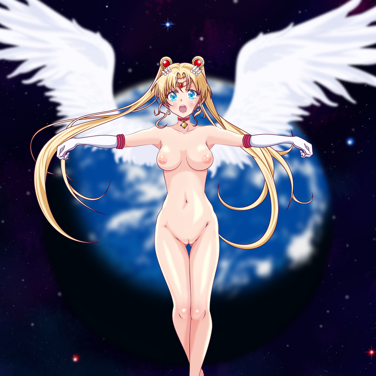 adult_swim alluring angel angel_wings bishoujo_senshi_sailor_moon bishoujo_senshi_sailor_moon_sailor_stars blush choker cleft_of_venus female female_focus gloves highres long_hair looking_at_viewer maruze_circus medium_breasts navel nipples nude open_mouth planet pussy red_choker sailor_moon solo space toei_animation toonami twintails uncensored usagi_tsukino very_long_hair white_gloves wings