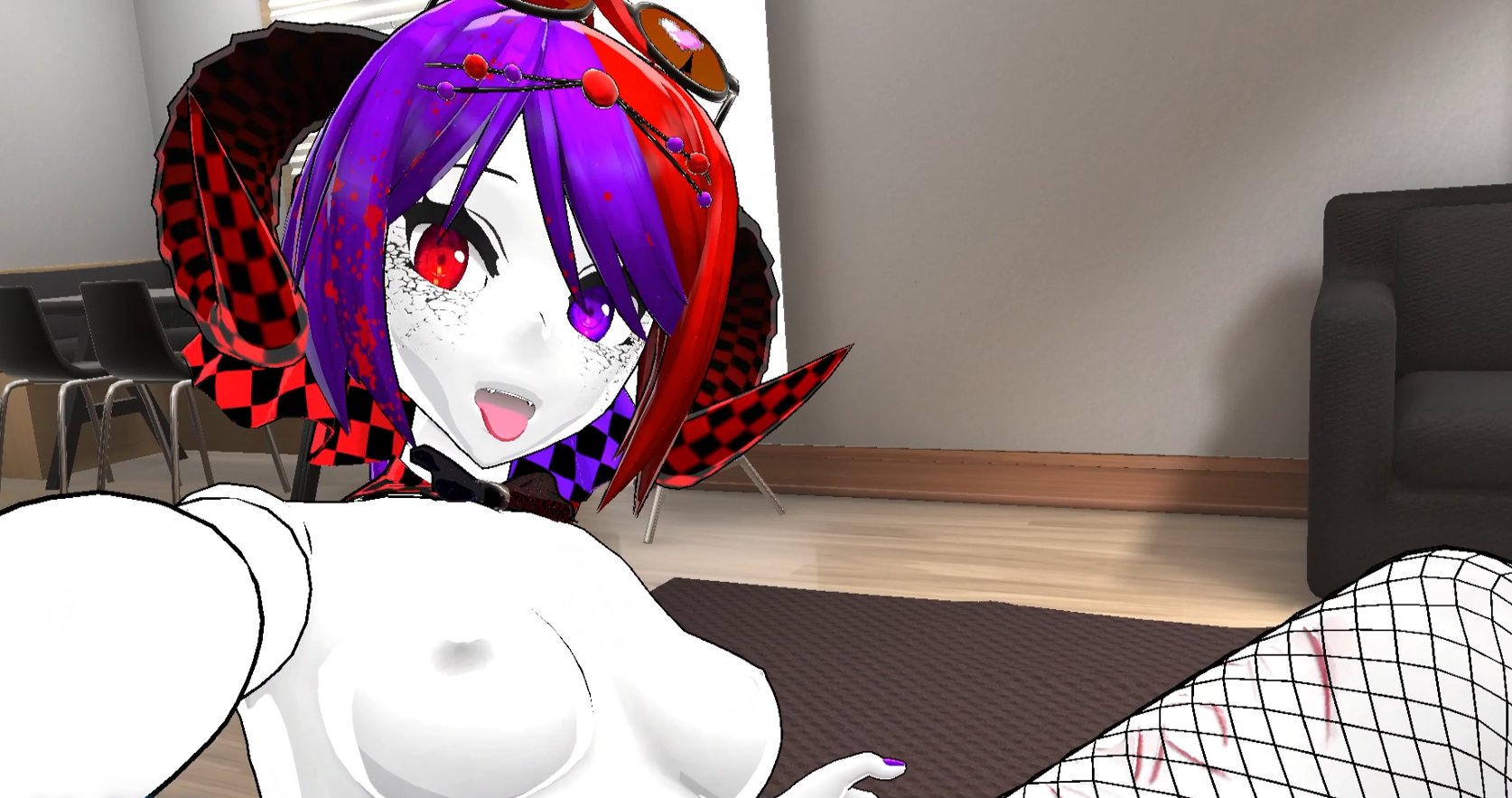 virtual youtuber, vrchat, 3d, tagme, virtual reality, 1girls, 3d model, arms, athletic, athletic female, bangs, bow, bowtie, breasts, breasts out, circular glasses, collar, couch, cowlick, cracked skin, demon, demon girl, demon horns, demon humanoid, demoness, devil, female, female demon, female focus, female human, female nudity, female only, female submissive, fingers, fishnet, fishnet legwear, fishnet pantyhose, fishnet stockings, fishnet thighhighs, fishnets, fit, fit female, functionally nude, girl, glasses, glowing, glowing eyes, grey body, happy, heart glasses, horns, horny, horny female, human, human focus, humanoid, legwear, legwear only, light, light-skinned female, light skin, long hair, looking at viewer, mature female, mature woman, messy, messy hair, mostly nude, multicolored hair, naked, naked female, nipples, no bra, no panties, no pants, no shoes, no underwear, nude, nude female, pale skin, practically nude, presenting, purple eyes, purple hair, pussy, red eyes, red hair, selfie, skinny, solo, solo female, solo focus, stockings, submissive, submissive and breedable, submissive female, submissive human, succubus, thighs, tits out, tongue, tongue out, two tone hair, undressed, vrchat avatar, vrchat media, vrchat model, vtuber, white body, white female, white girl, white sclera, white skin, white woman, 