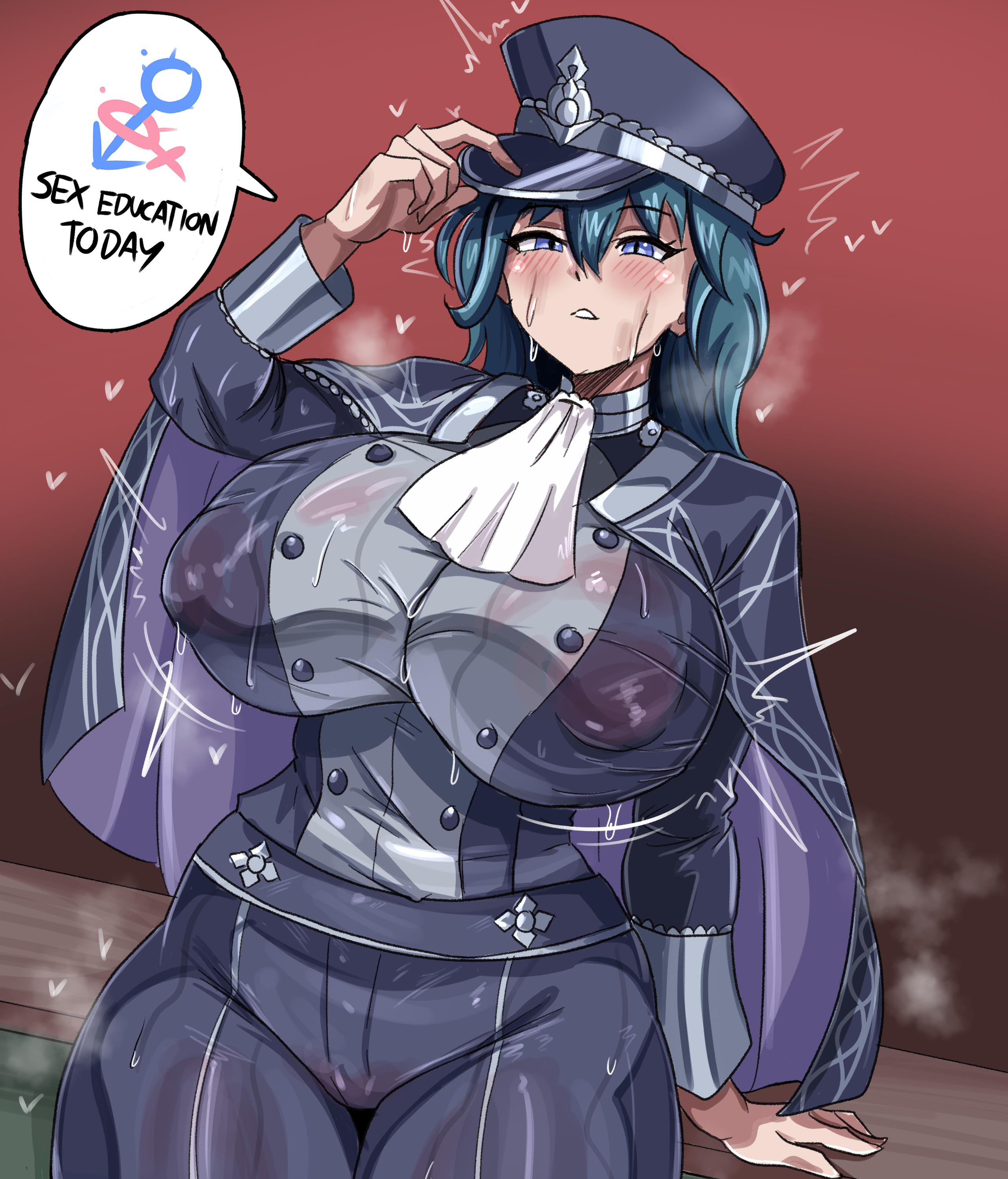 1girls absurd_res big_breasts blue_eyes blue_hair blush breasts byleth_(fire_emblem) byleth_(fire_emblem)_(female) cap cape clothed cravat female female_only fire_emblem fire_emblem:_three_houses fire_emblem_heroes gender_symbol grayside hat heart_symbol highres huge_breasts large_breasts long_hair nintendo solo solo_female steam steaming_body sweat sweating text text_bubble thick_thighs thighs tight_clothing tight_fit uniform wet_clothes wide_hips