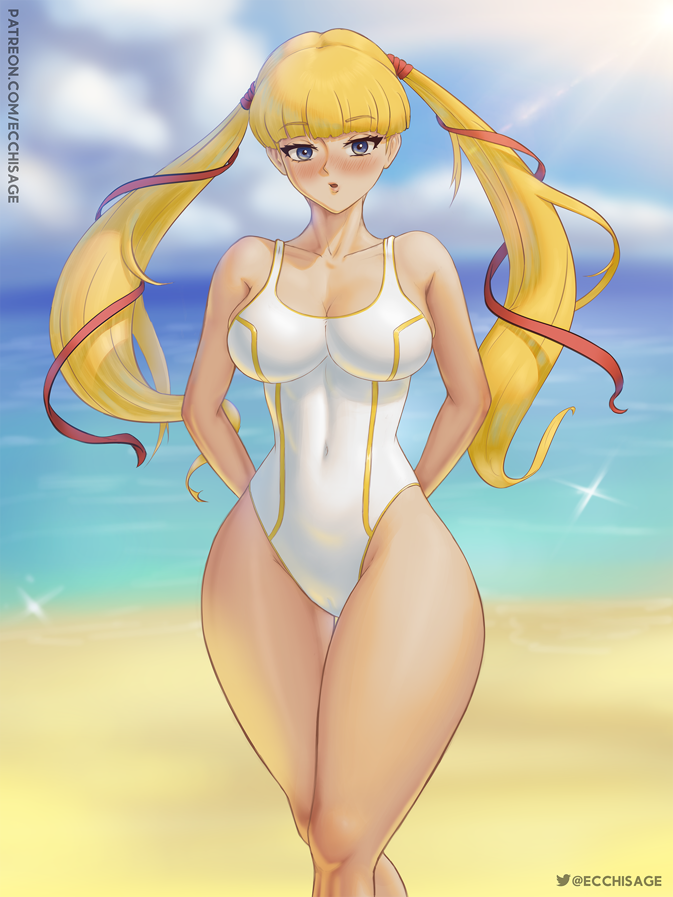 monica kruszewski, code geass, tagme, 1girls, beach, blonde hair, blue eyes, blush, breasts, ecchisage, long hair, solo, swimsuit, twintails, wide hips, 