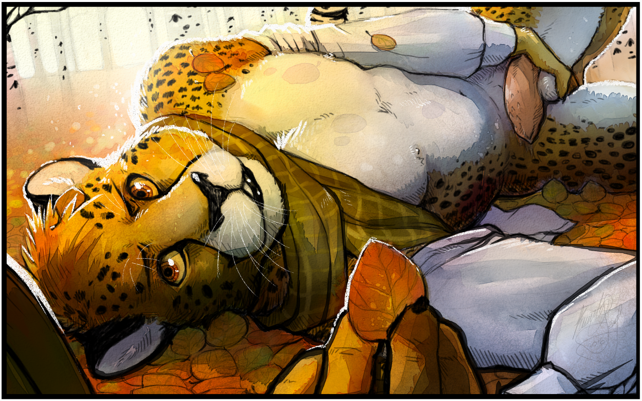 requiembeatz, pose, 1boy, animal genitalia, animal penis, anthro, autumn, ball grab, balls, barbed penis, cheetah, feline, feline penis, lying, male, male only, mammal, on back, open mouth, outside, penis, scarf, solo, yellow eyes, 