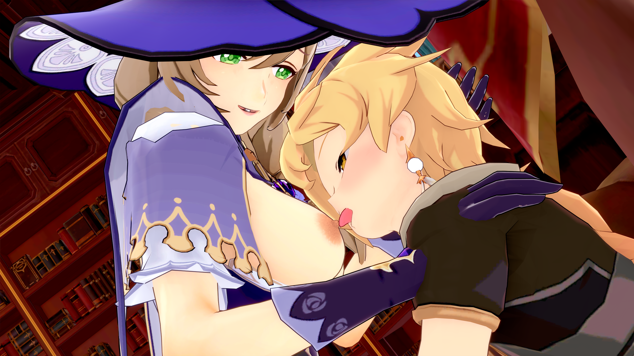 3d, koikatsu, 1boy, 1girls, aether (genshin impact), gloves, horny, licking breast, lisa (genshin impact), long hair, mihoyo, saliva, sex, straight, 