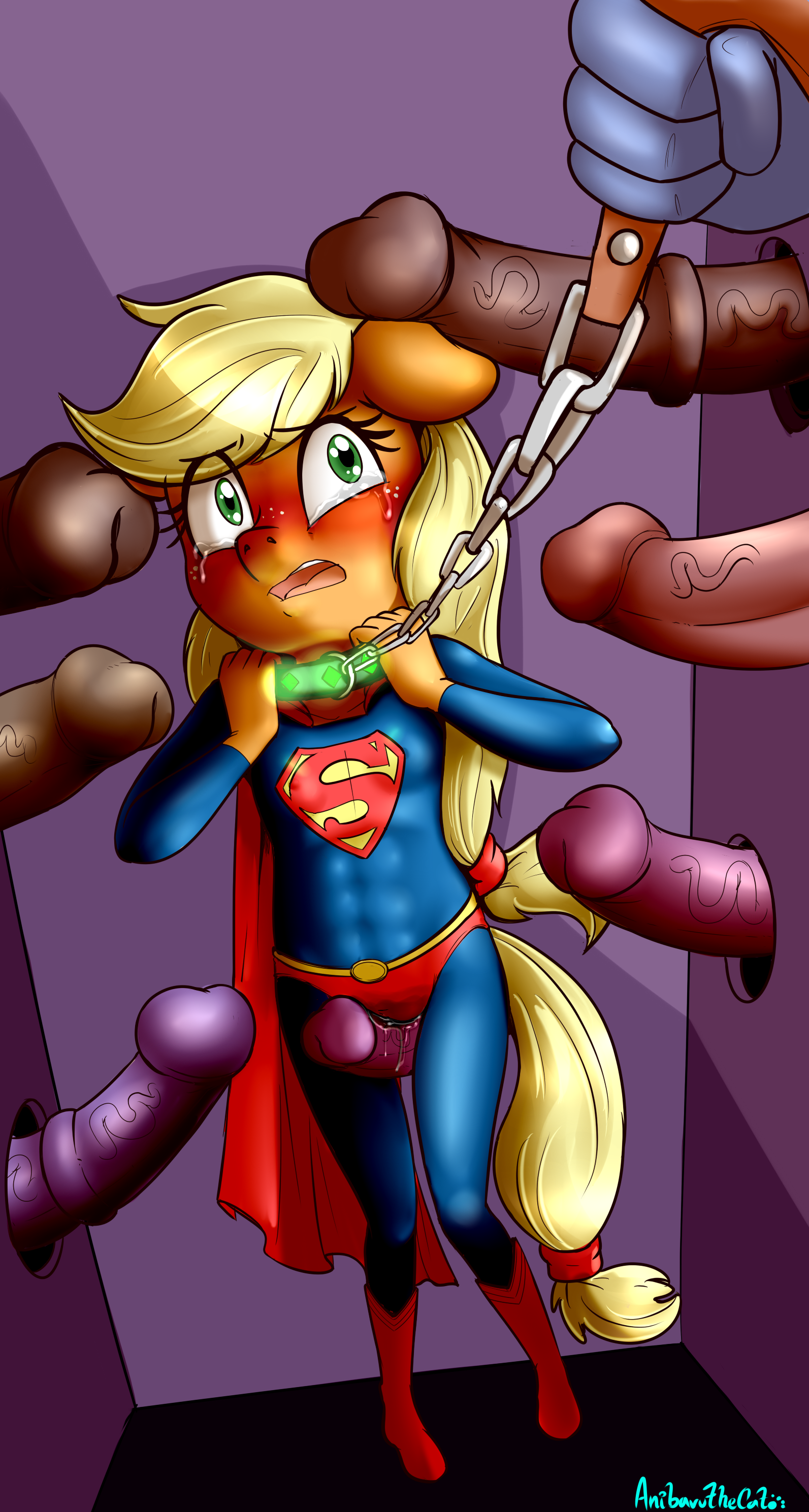 anibaruthecat, applejack (mlp), friendship is magic, my little pony, 2018, absurd res, digital media (artwork), hi res, blush, chains, clothed, clothing, collar, disembodied penis, earth pony, equine, erection, female, freckles, glory hole, group, hair, horse, long hair, male, mammal, medial ring, open mouth, penis, pony, solo focus, vein, young, 
