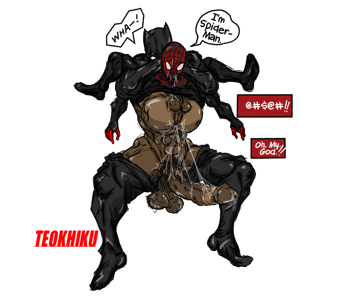 l, miles morales, avengers, marvel, spider-man (series), comic, comic page, comic strip, 1boy, balls, ballsack, black, circumcised, dark-skinned male, dark skin, exposed anus, facial hair, flaccid penis, gay, gay domination, gay sex, hyper muscles, hyper penis, long penis, male only, muscles, muscular, muscular male, panther, precum on penis, presenting ass, tachalla, teokhiku (artist), veiny penis, wakanda, y removed, 