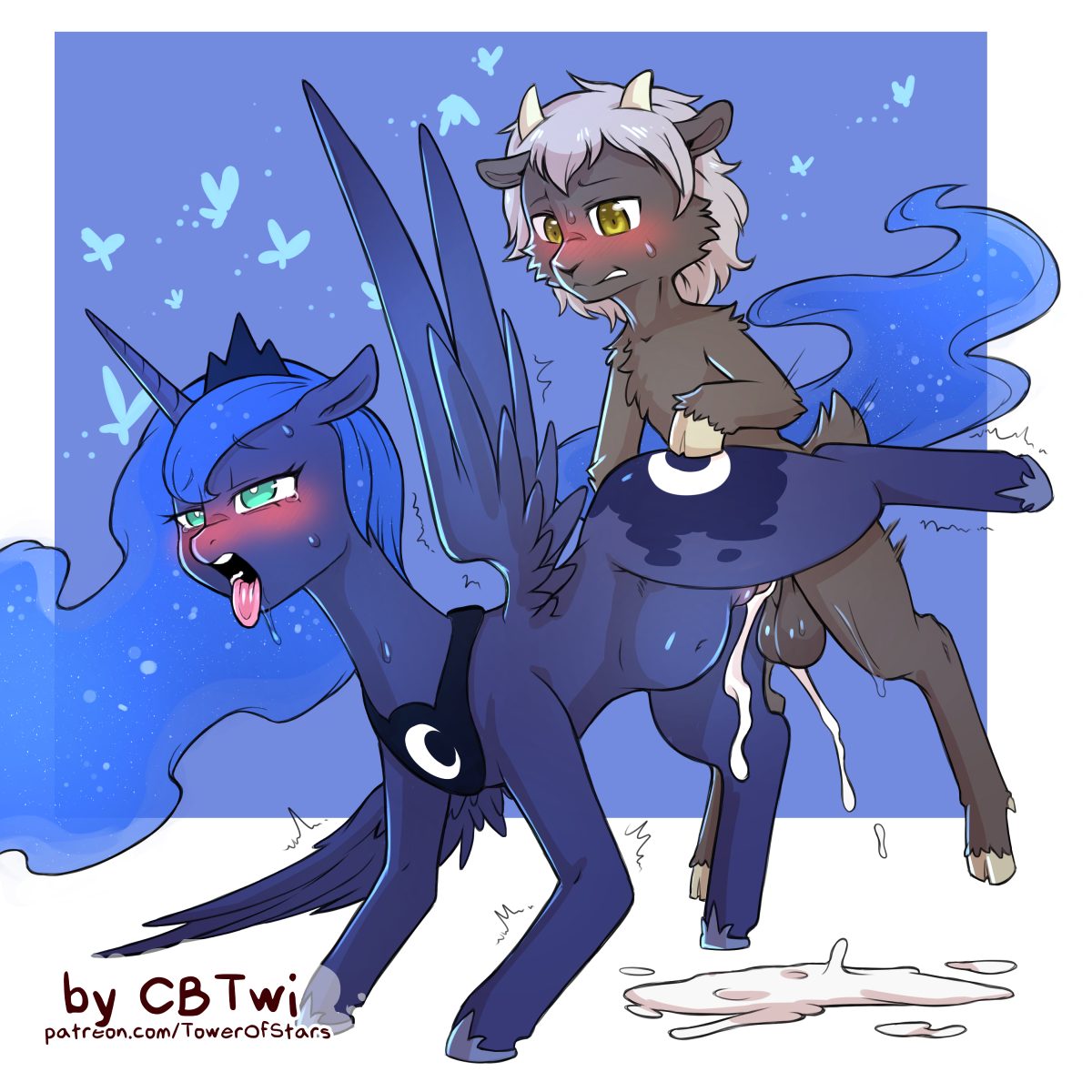cold-blooded-twilight, princess luna (mlp), friendship is magic, my little pony, 1:1, 2020, digital media (artwork), hi res, simple background, text, url, alicorn, all fours, balls, blush, bodily fluids, bovid, brown body, brown fur, caprine, cloven hooves, crescent moon, crown, cum, cum in pussy, cum inside, cum on ground, cum overflow, cutie mark, doggy style, duo, equid, fan character, feathered wings, feathers, female, female penetrated, feral, feral on feral, feral penetrated, feral penetrating, feral penetrating feral, from behind position, fur, genital fluids, genitals, goat, green eyes, hair, hooves, horn, interspecies, long hair, male, male/female, male penetrating, male penetrating female, mammal, moon, nude, open mouth, penetration, penis, purple body, purple hair, pussy, quadruped, raised leg, saliva, sex, silver hair, standing, stomach bulge, sweat, tiara, tongue, tongue out, translucent, translucent hair, wings, 