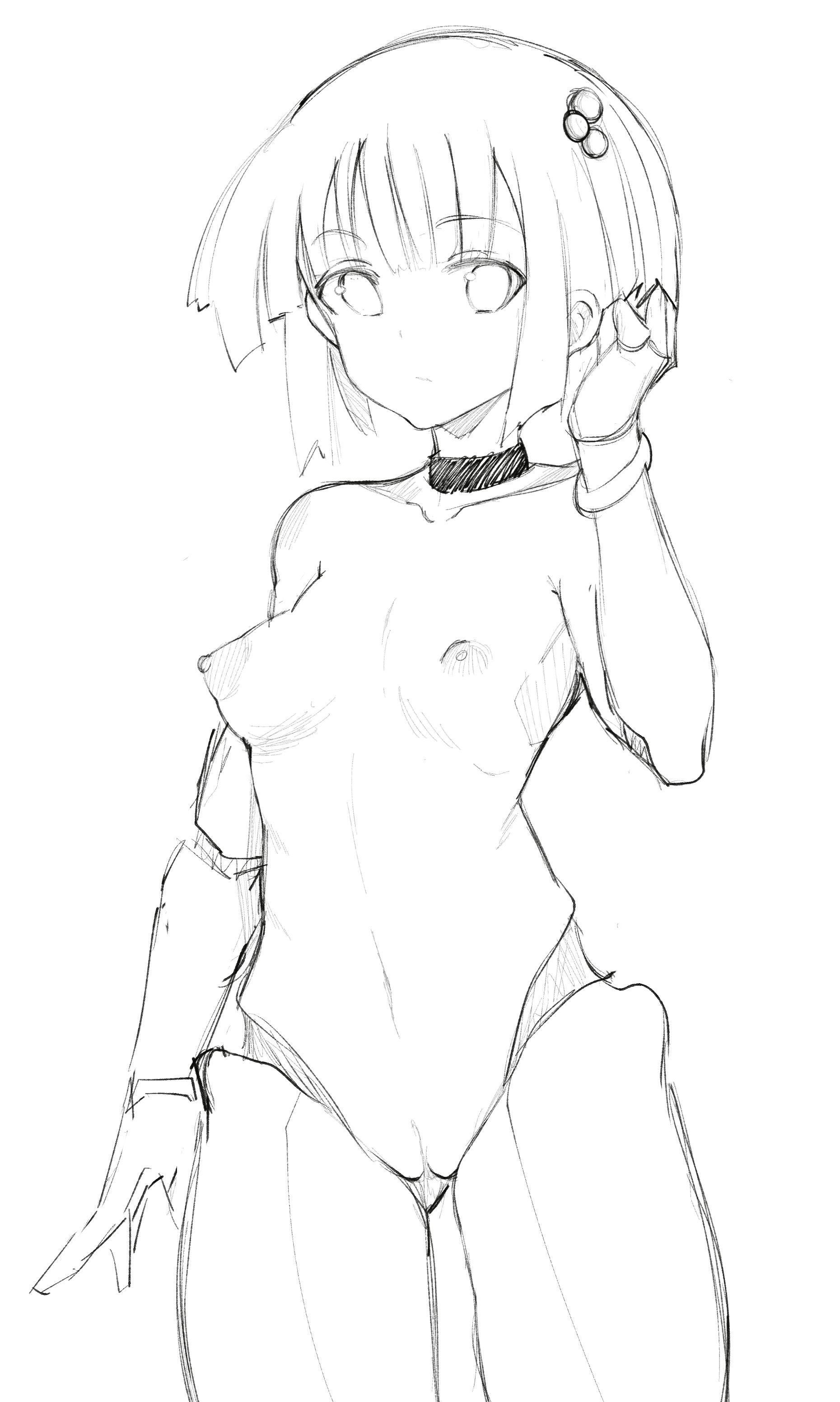 original, absurdres, greyscale, highres, monochrome, sketch, bracelet, brashear lushert, choker, closed mouth, collarbone, doll joints, female, gluteal fold, hair ornament, hatching (texture), jewelry, joints, looking at viewer, nude, pussy, short hair, solo, 