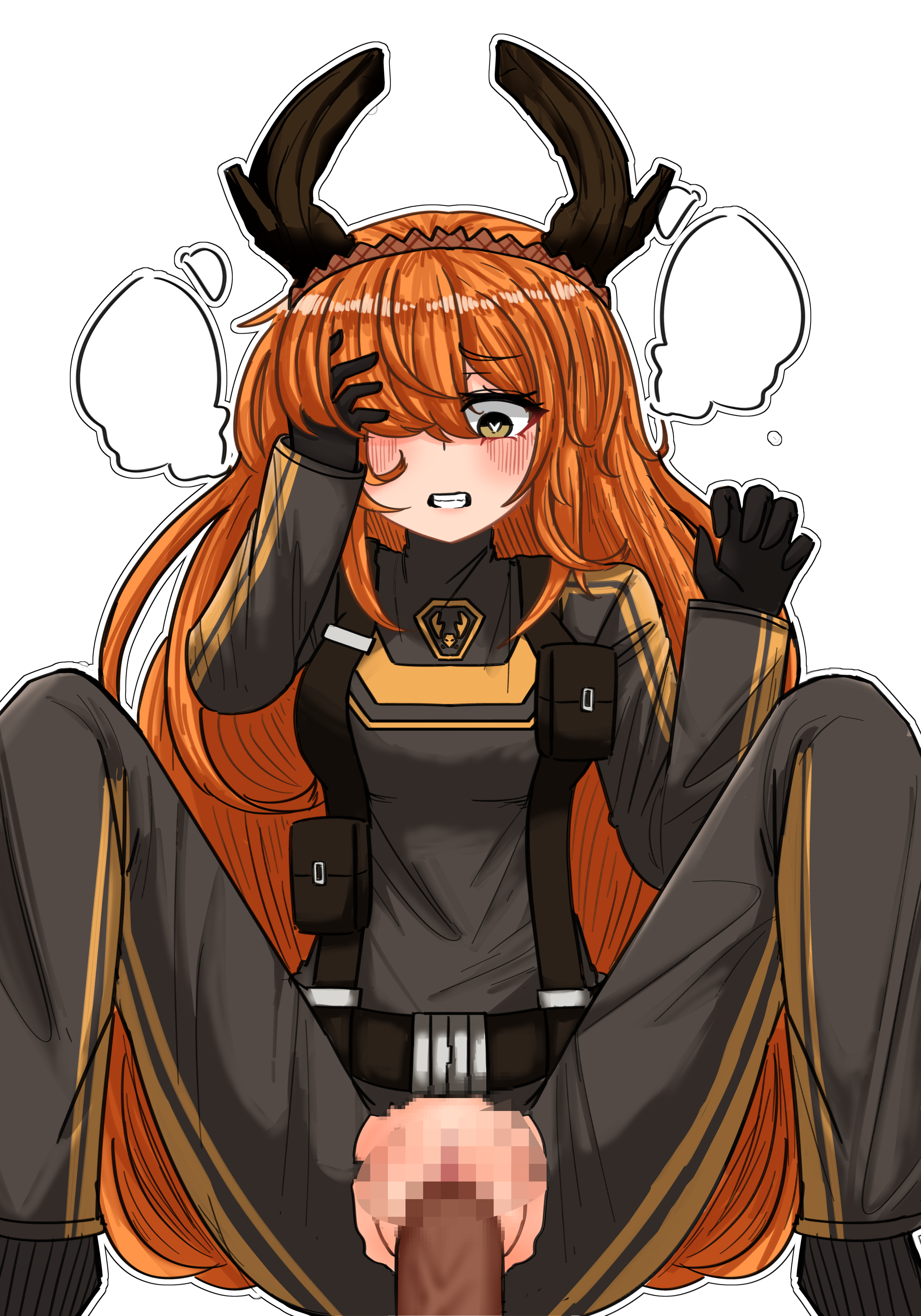 censored, antlers, blush, clenched teeth, clothed sex, female, gloves, headband, heart-shaped pupils, ishmael (limbus company), limbus company, orange hair, project moon, sex, yellow eyes, 