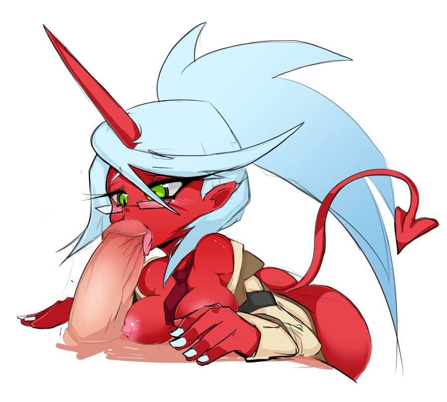 slugbox, kneesocks (psg), armband, ass, blush, bottomless, breast press, breasts, breasts outside, demon girl, demon tail, fellatio, female, glasses, green eyes, horn, licking, long hair, nail polish, necktie, nipples, off shoulder, oral, penis, pointy ears, ponytail, red skin, solo focus, tail, tied hair, tongue, 
