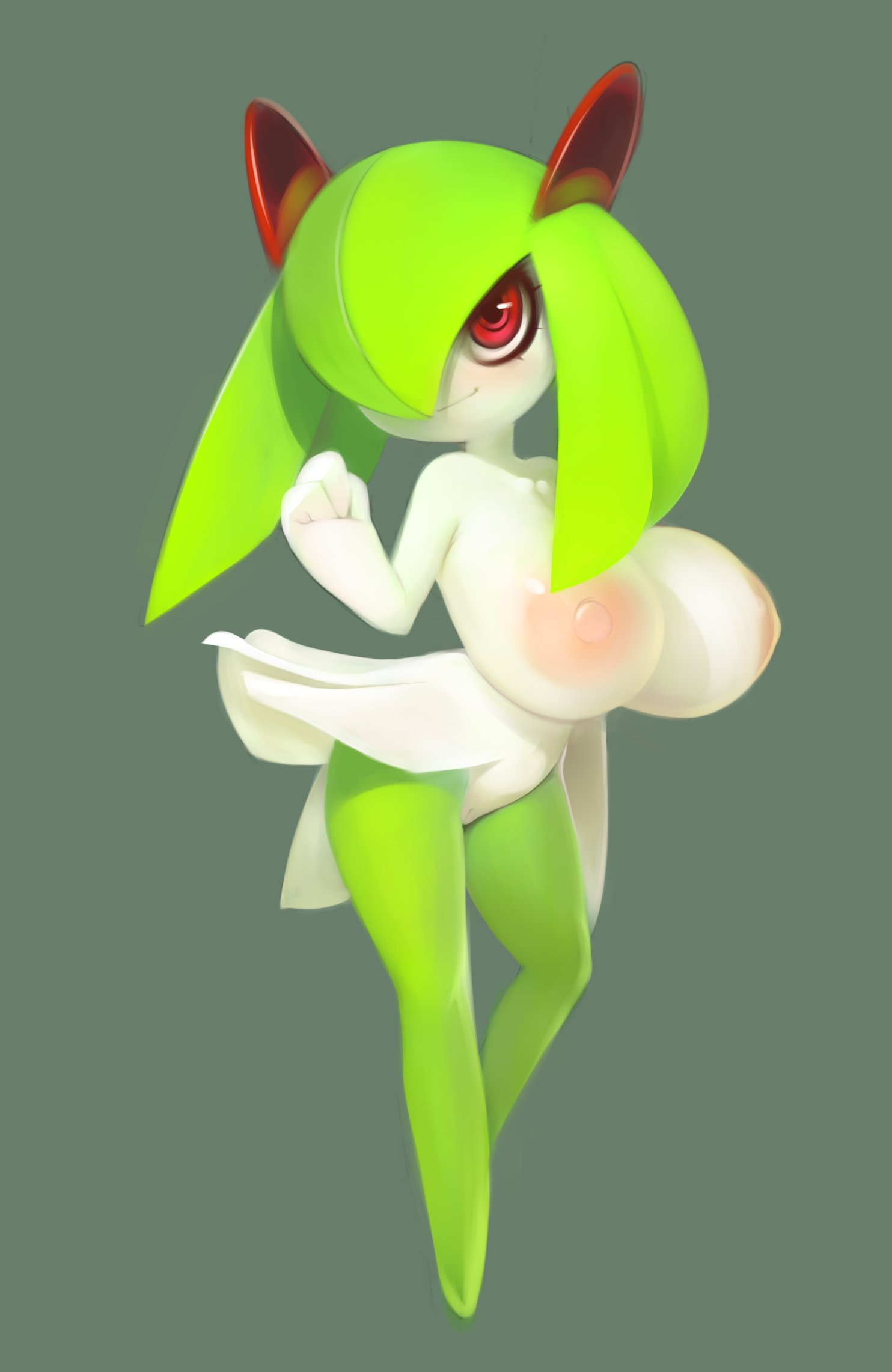 plantpenetrator, kirlia, nintendo, pokemon rse, 1girls, 3 fingers, anthro, areolae, barefoot, big breasts, blush, bottomless, breasts, dress, eyelashes, feet, female, female only, green hair, green skin, hair over one eye, huge breasts, looking at viewer, nipples, pokemon, pussy, red eyes, short hair, skirt, smile, solo, standing, wide hips, 