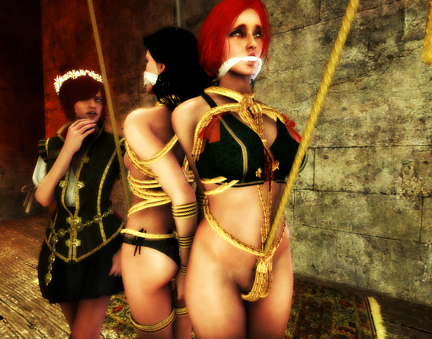 blakknight08, shani, triss merigold, yennefer, the witcher, the witcher 3: wild hunt, 3d, 3girls, arms behind back, black hair, bondage, bound, breasts, female, female only, femdom, femsub, gag, hanging, lingerie, multiple girls, multiple subs, no panties, red hair, rope, yuri, 