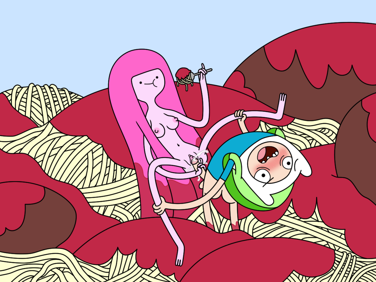 full circle, finn the human, princess bubblegum, adventure time, cartoon network, 1boy, 1girls, areolae, backpack, balls, barefoot, black eyes, blush, bottomless, breasts, clitoris, cum, cum in pussy, cum inside, duo, eating, feet, female, food, guided penetration, hairless pussy, hood, human, human on humanoid, humanoid, leg grab, long hair, male, medium breasts, missionary position, navel, nipples, open mouth, penis, pink hair, pink nipples, pink skin, pleasure face, prodding, pussy, sex, shirt, small breasts, spaghetti, spread legs, straight, toes, vaginal penetration, very long hair, 