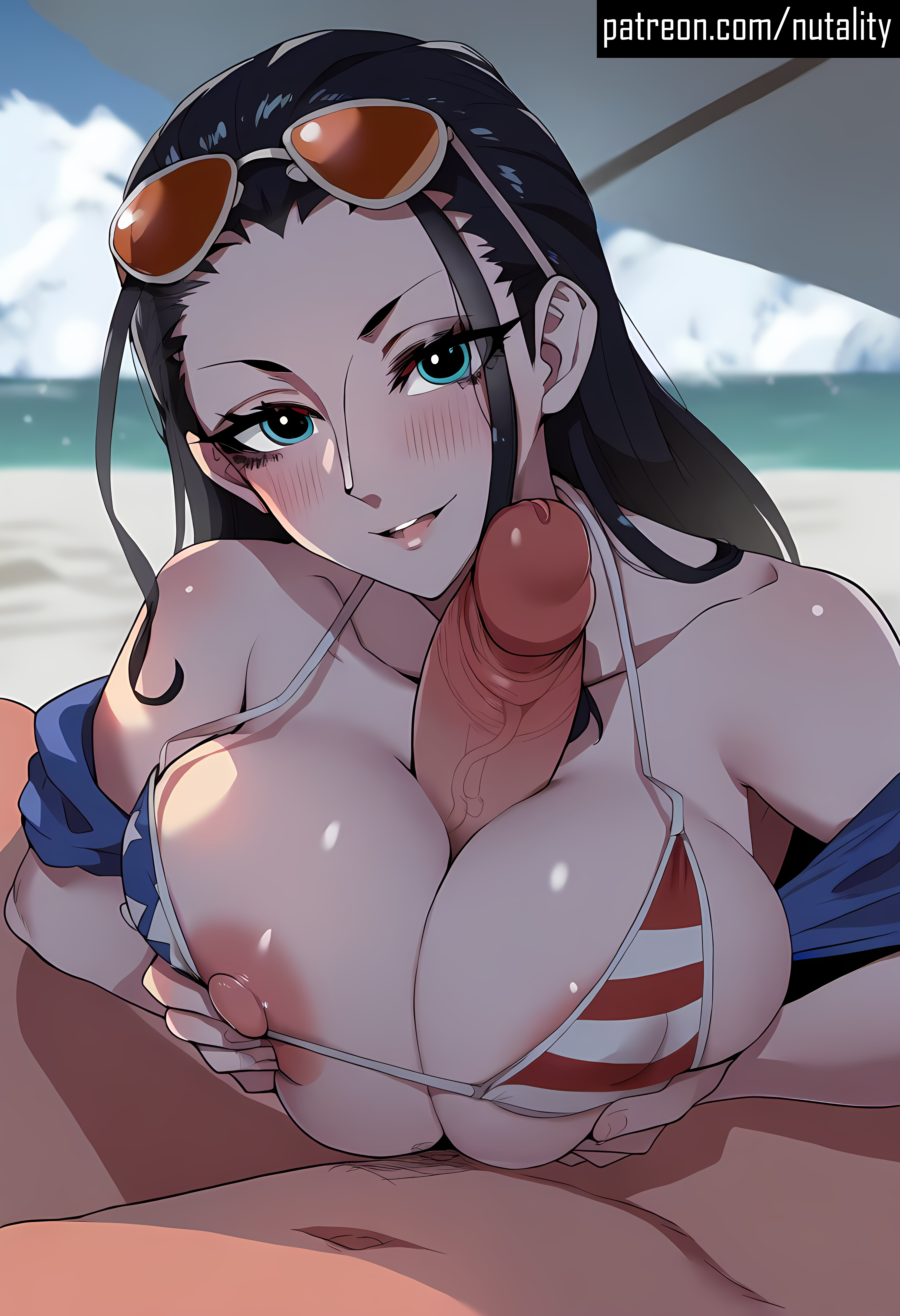 1boy 1girls ai_generated american_flag_bikini big_penis black_eyes black_hair blue_eyes breasts female female_focus light-skinned_female light_skin naughty nico_robin nipples nutality one_piece paizuri patreon penis titjob veiny_penis