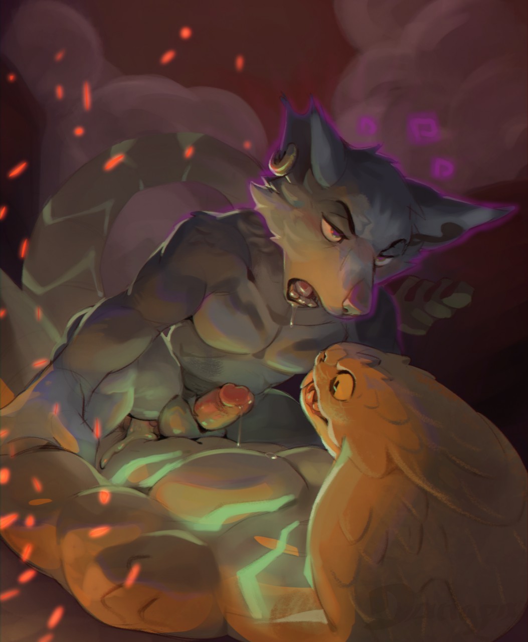 dangpa, sethrak, vulpera, warcraft, simple background, anthro, balls, canine, cobra, cum, cum in ass, cum inside, cum leaking, embers, fox, humanoid penis, male, mammal, penis, piercing, reptile, scalie, smoke, snake, video games, yaoi, 