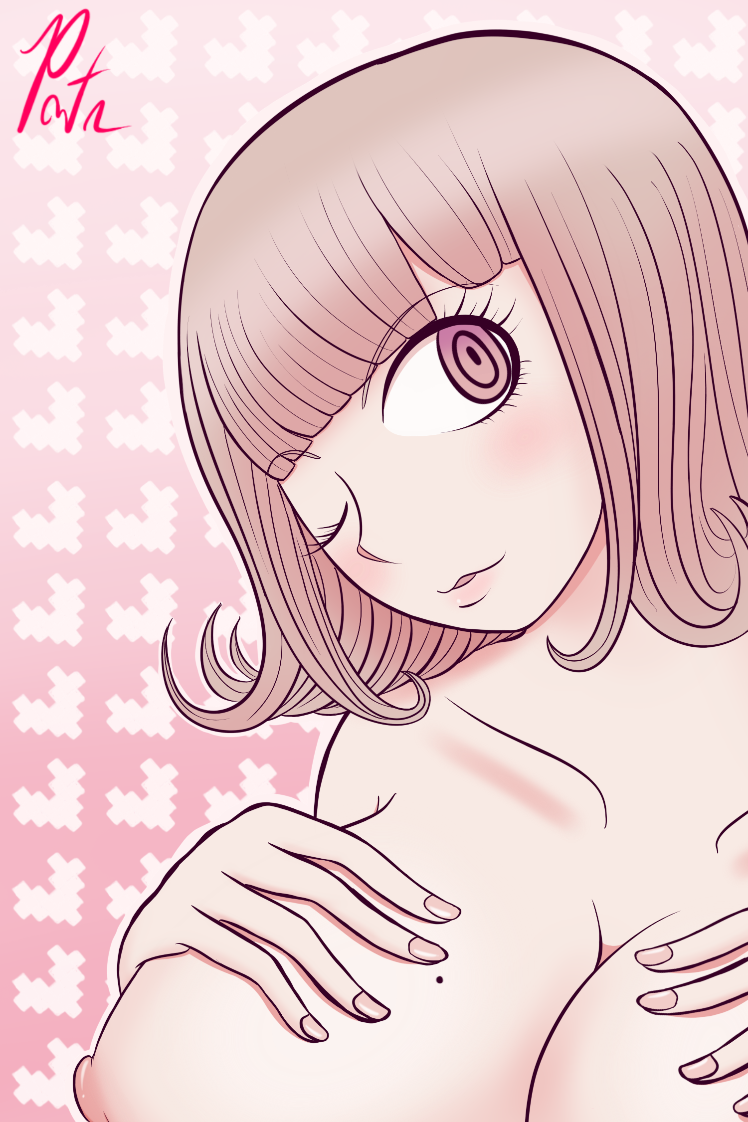 pontapon, nanami chiaki, danganronpa, danganronpa 2: goodbye despair, breasts, completely nude, large breasts, pink eyes, pink hair, 