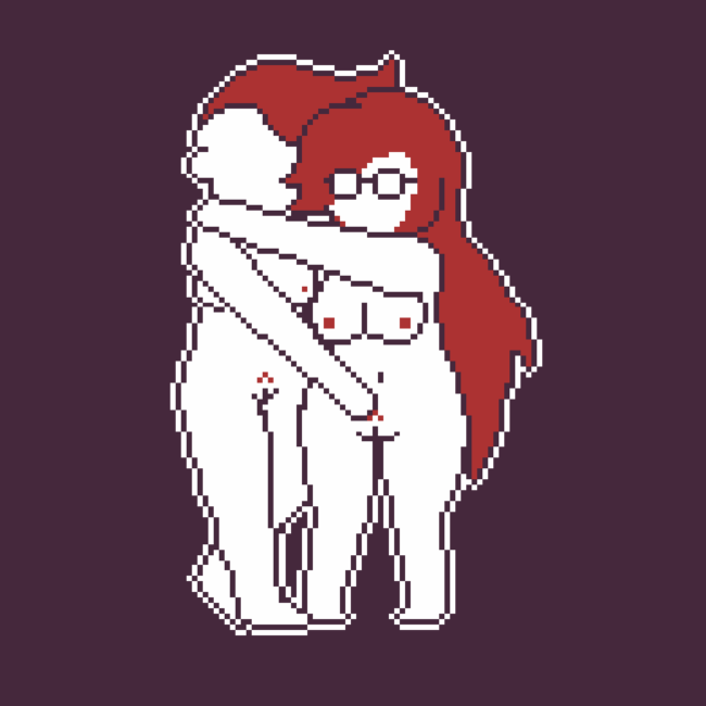 game cg, limited palette, mohawk (hairstyle), pixel art, pixelated, aplovestudio, aplovestudio (artist), completely nude female, embrace, embracing each other, feet apart, female, foot up, game screenshot, gameplay screenshot, glasses, hand near pussy, holding each other, holding shoulder, lesbian sex, long hair, long red hair, mohawk, naked, naked female, nude, nude female, paige (reversary), pubic hair, really hot, red hair, red mohawk, red nipples, red pubic hair, reversary, stephanie (terato tamer), terato tamer, white outline, 