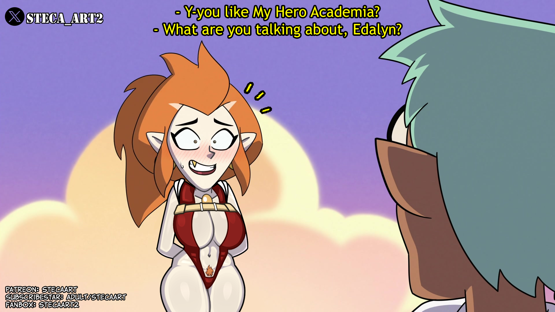 16:9_aspect_ratio 1boy 1girls accurate_art_style arms_behind_back big_breasts blush breasts cleavage clothing cloud cosplay costume dialogue disney disney_channel disney_xd eda_clawthorne english_language english_text fangs female green_hair hero_costume high_resolution imminent_sex large_breasts leotard looking_at_another male momo_yaoyorozu_(cosplay) my_hero_academia navel nervous one-piece_swimsuit orange_hair pointed_ears red_leotard red_one-piece_swimsuit red_swimsuit steca straight subtitled sweatdrop swimsuit text the_owl_house thelazyart thick_legs thick_thighs thighs vampire witch_(the_owl_house)