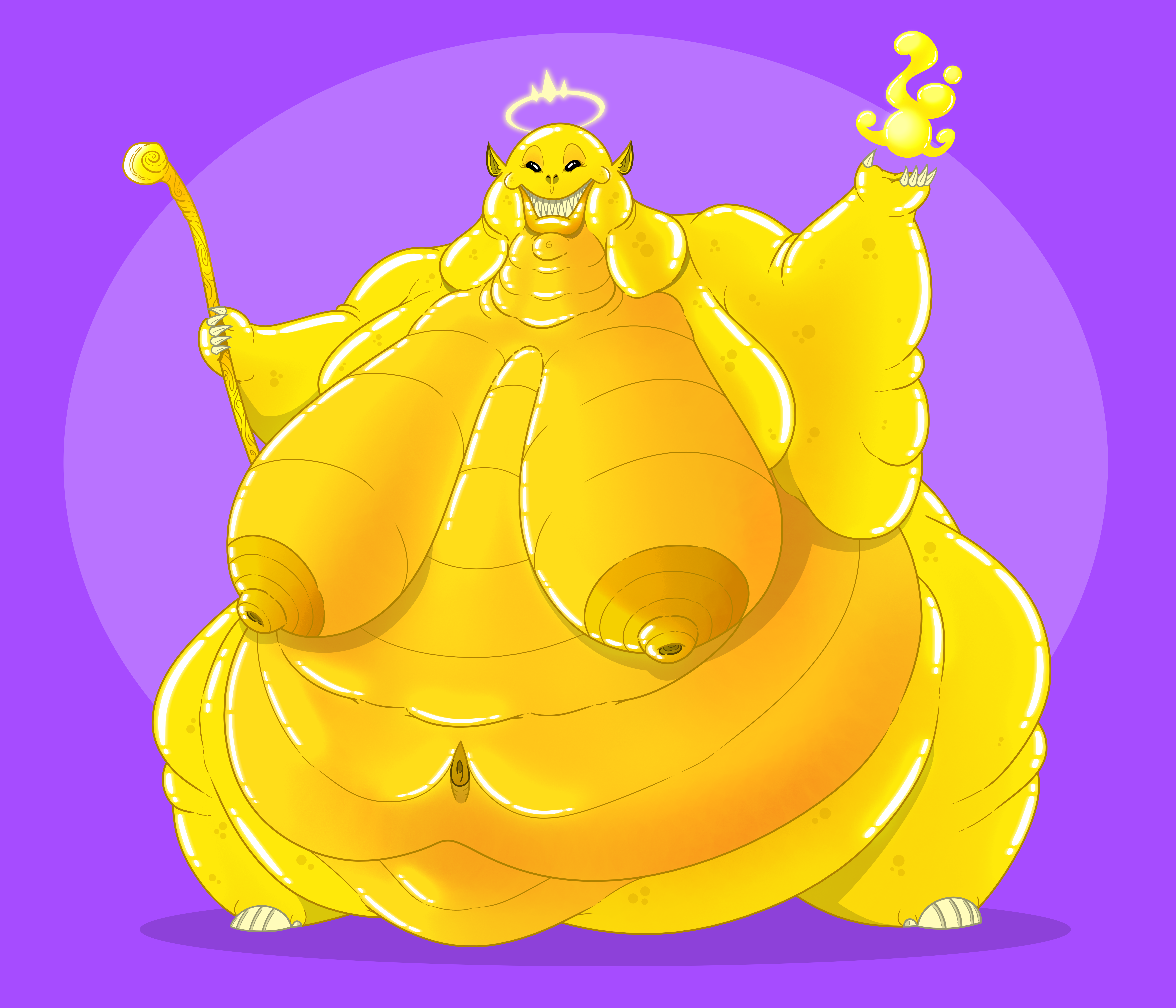 2021 absurd_res areola barefoot belly big_areola big_belly big_breasts big_nipples black_eyes breasts claws debella deep_navel digital_media_(artwork) fat_neck feet female fingers gold_body hi_res holding_object huge_belly huge_breasts huge_nipples humanoid hyper hyper_belly hyper_breasts lips looking_at_viewer magic magic_user monster monstrous_humanoid morbidly_obese morbidly_obese_female multiple_chins mythological_creature mythology navel nipples not_furry nude nude_female obese obese_female ogre overweight overweight_female pointy_ears sharp_teeth simple_background smile smiling_at_viewer solo solo_focus staff standing teeth thick_lips thick_thighs toes wide_hips