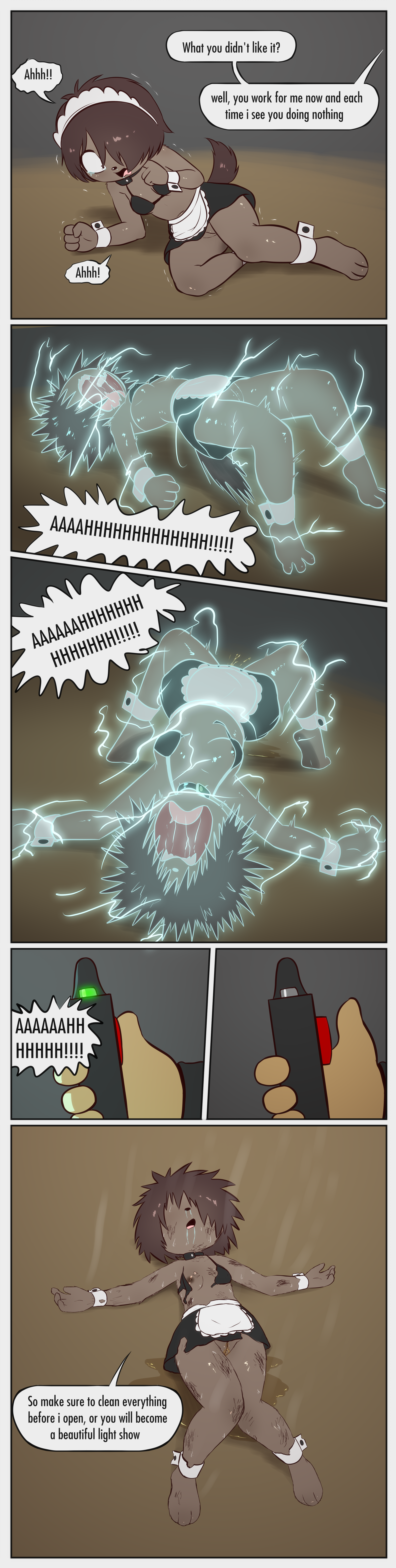 absurd_res abuse anthro barefoot border bottomless bottomless_anthro bottomless_female bottomwear bra breasts canid canine canis clothed clothing collar cuffs_(clothing) dialogue domestic_dog e254e electricity electrocution english_text feet female genitals grey_border hi_res incontinence maid_uniform mammal miniskirt navel nipples offscreen_character peeing ryona scared shaking shock_collar skimpy skirt solo text torn_clothing trembling unconscious underwear uniform upskirt vulva wardrobe_malfunction