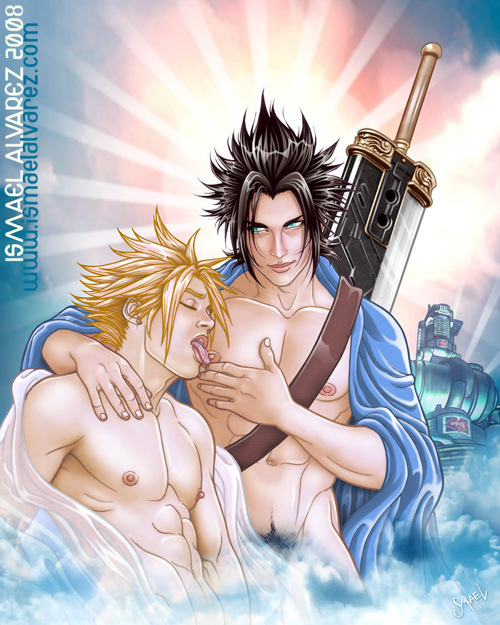 cloud strife, zack fair, final fantasy, final fantasy vii, color, buster sword, clothes, gay, human, ismael al. varez, licking, male, male only, multiple males, nipples, sword, weapon, yaoi, 