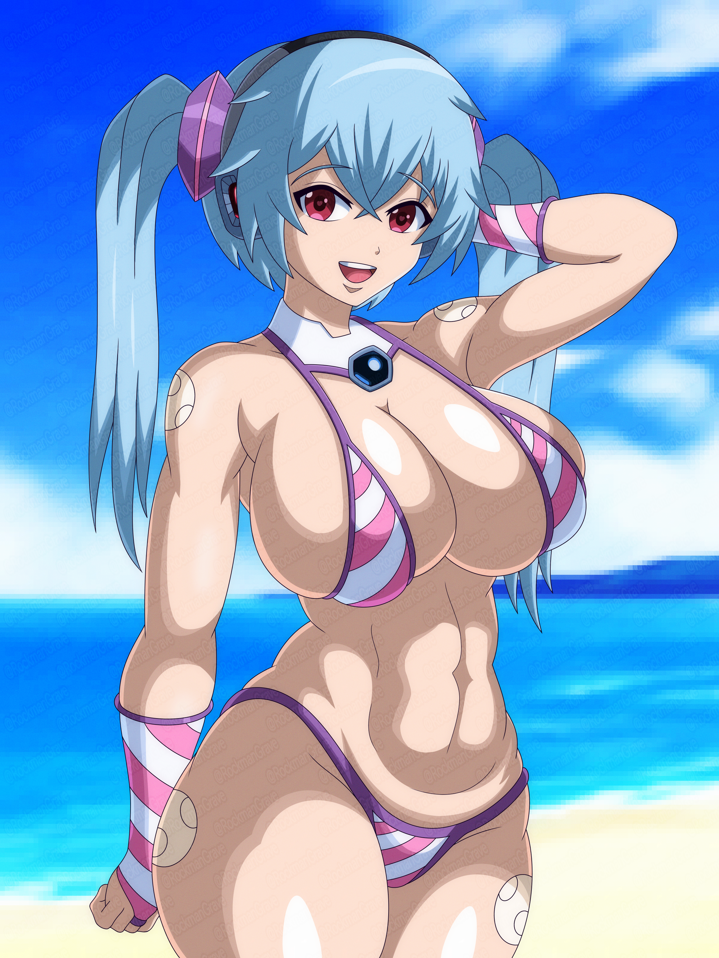 original character, capcom, mega man, mega man x, rockman, rockman x, 1girls, 2024, android, big breasts, bikini, blair (mega man), blue hair, breasts, female, female focus, female only, hips, huge breasts, legs, long hair, looking at viewer, outdoors, red hair, reploid, robot, robot girl, rockmangrave, solo, solo focus, summer, swimsuit, thick legs, twintails, 
