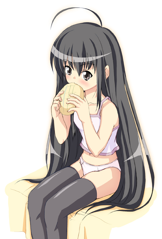 meronpan, shana, shakugan no shana, black eyess, black hair, bread, brown eyess, camisole, food, long hair, melon bread, panties, sitting, thighhighs, underwear, white panties, 