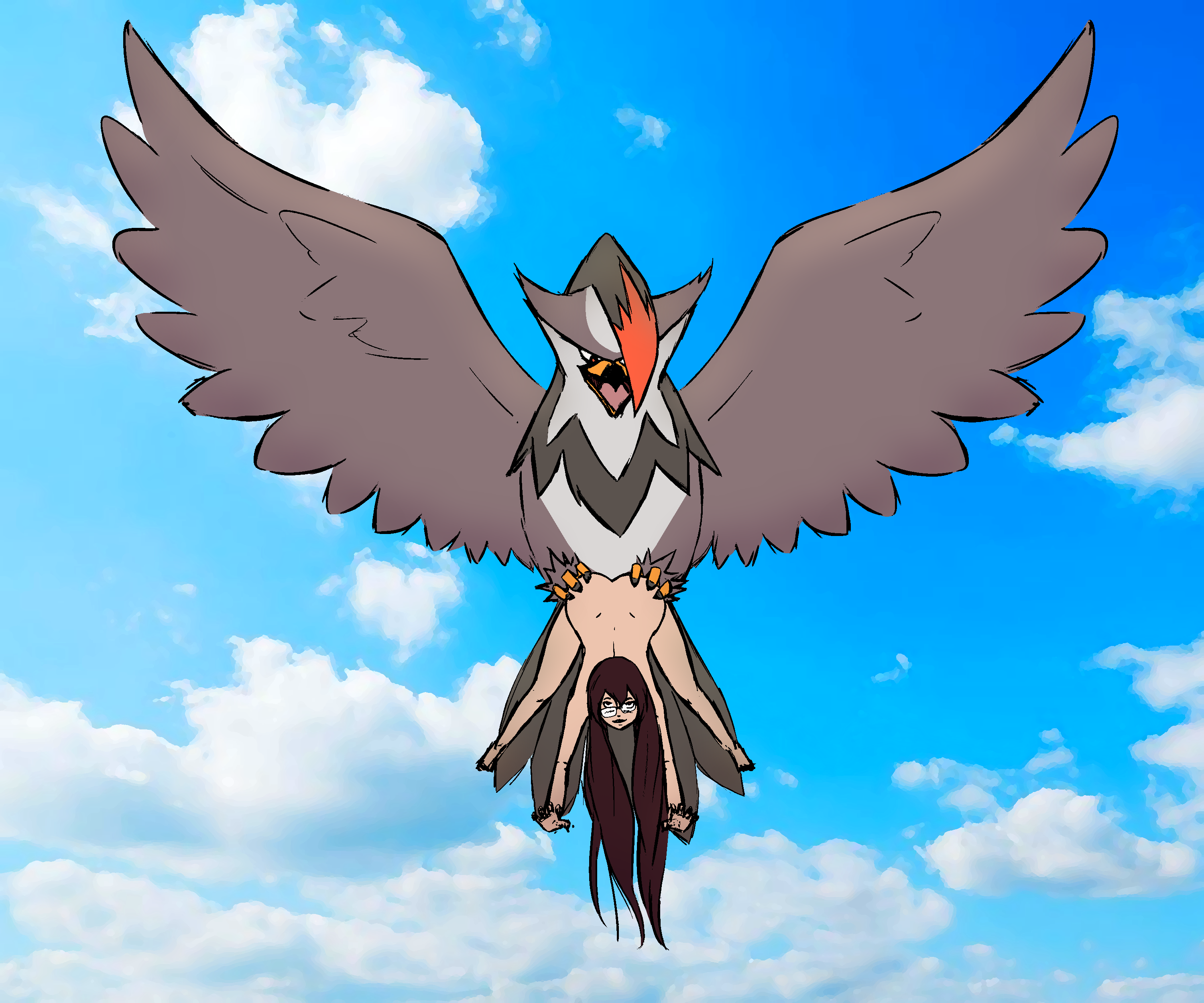 princessyiris, original character, staraptor, trainer iris, nintendo, pokemon dppt, blue background, 1boy, 1girls, 3 toes, air fuck, ass, ass grab, avian, beak, belly, big belly, brown eyes, brown hair, claws, clouds, day, duo, feet, female on feral, feral, flying, glasses, human, human on feral, interspecies, larger male, long hair, mammal, nude, outdoors, pokemon, red eyes, sex, size difference, sky, smaller female, soles, spread legs, toes, tongue, very long hair, video games, wings, zoophilia, 