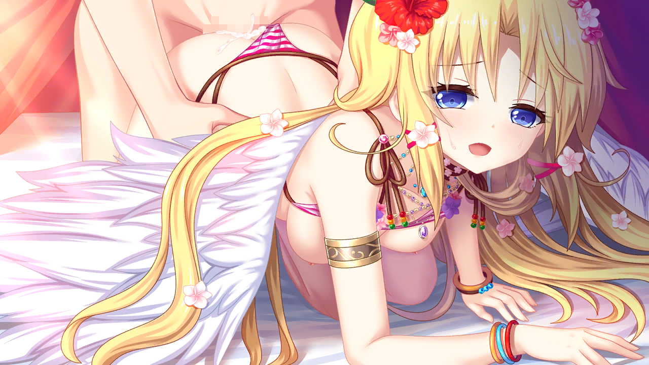 himegari imperial meister, game cg, 1boy, :d, all fours, angel wings, bed sheet, bikini, bikini aside, bikini lift, blonde hair, blue eyes, bracelet, breasts, clothes lift, clothing aside, collarbone, doggy style, eyebrows visible through hair, feathered wings, female, flower, hair flower, hair intakes, hair ornament, hibiscus, jewelry, long hair, medium breasts, nipples, open mouth, red flower, shiny, shiny hair, smile, striped, striped bikini, sunlight, sweatdrop, swimsuit, torso grab, very long hair, white flower, white wings, wings, 