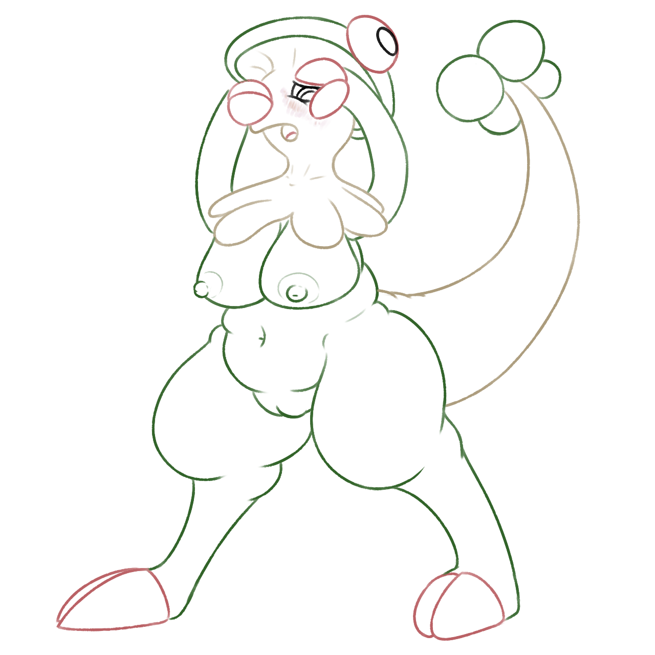 posexe, breloom, nintendo, simple background, white background, anthro, blush, breasts, female, looking at viewer, nipples, nude, open mouth, pokemon, pussy, solo, tongue, video games, 