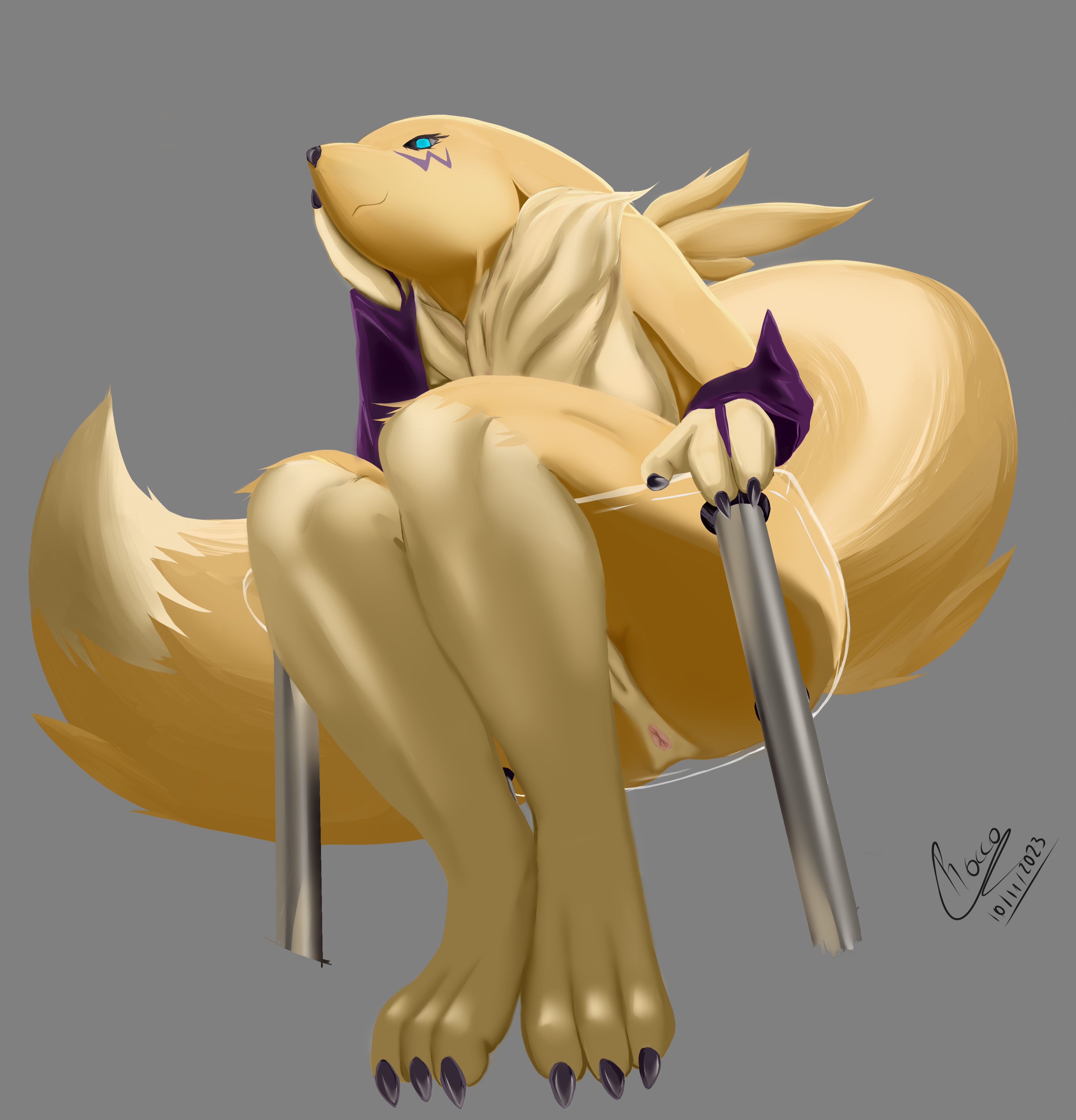 digimon (species), renamon, bandai namco, digimon, absurd res, hi res, simple background, anthro, anus, black sclera, blue eyes, breasts, canid, canine, female, fur, genitals, mammal, nude, pussy, rokkofennec, sitting, smile, solo, tail, tuft, white body, white fur, yellow body, yellow fur, 