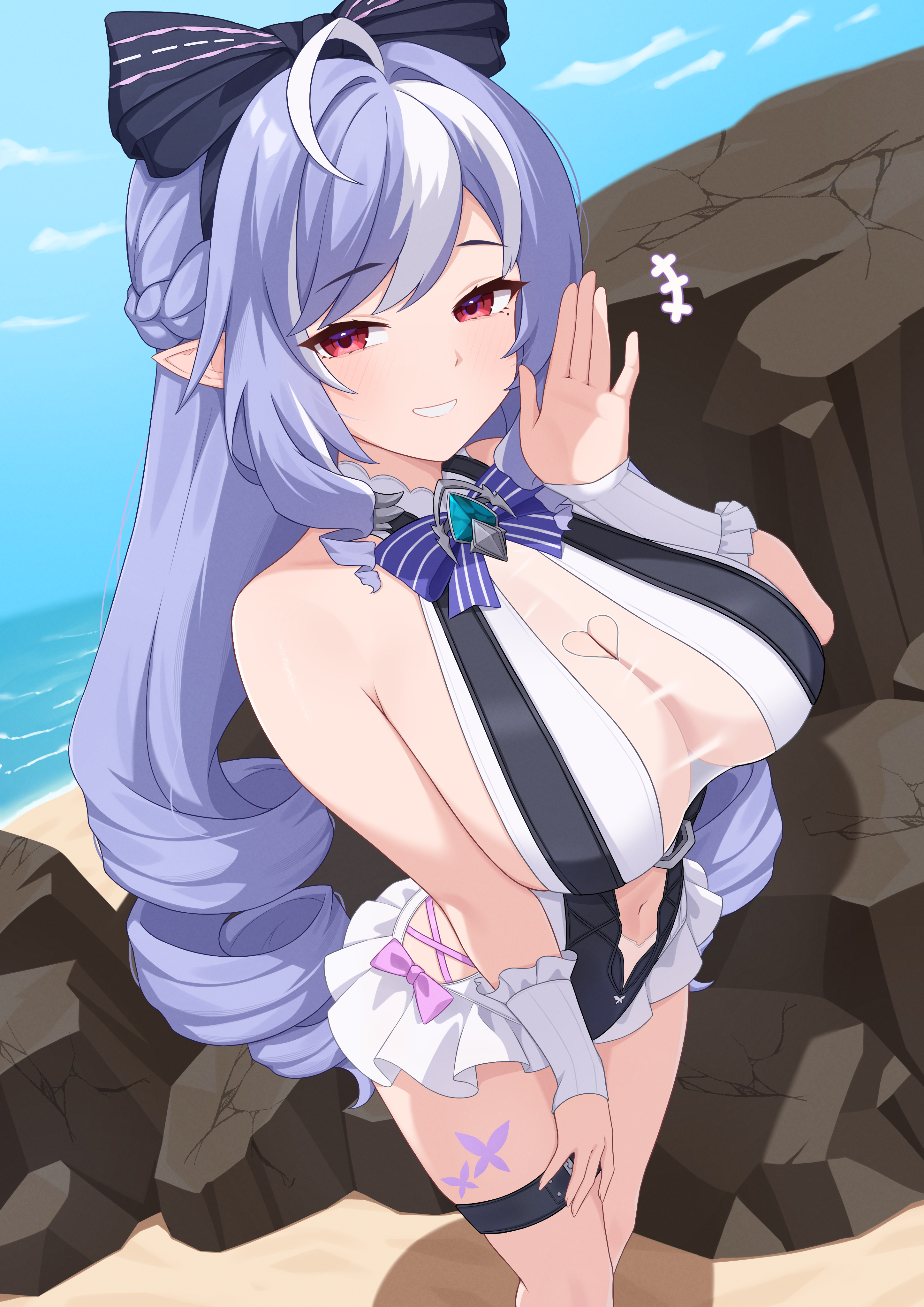 1girls absurdres ahoge beach blue_sky bow bow_hairband bowtie braid breasts cleavage cleavage_cutout clothing_cutout commentary_request dress_swimsuit drill_hair female frilled_one-piece_swimsuit frilled_wrist_cuffs frills hair_intakes hairband half_up_braid hand_up heart_cutout highres long_hair looking_at_viewer mole mole_under_eye navel ocean one-piece_swimsuit outdoors pointy_ears purple_bow purple_bowtie purple_hair red_eyes rock see-through_cleavage see-through_clothes sideboob sky smile solo standing stomach_cutout swimsuit thighs tsubame_tien two-tone_one-piece_swimsuit vivian_(zenless_zone_zero) vivian_banshee vivian_banshee_(iris_of_the_shore) white_hair white_one-piece_swimsuit white_streaks wrist_cuffs zenless_zone_zero