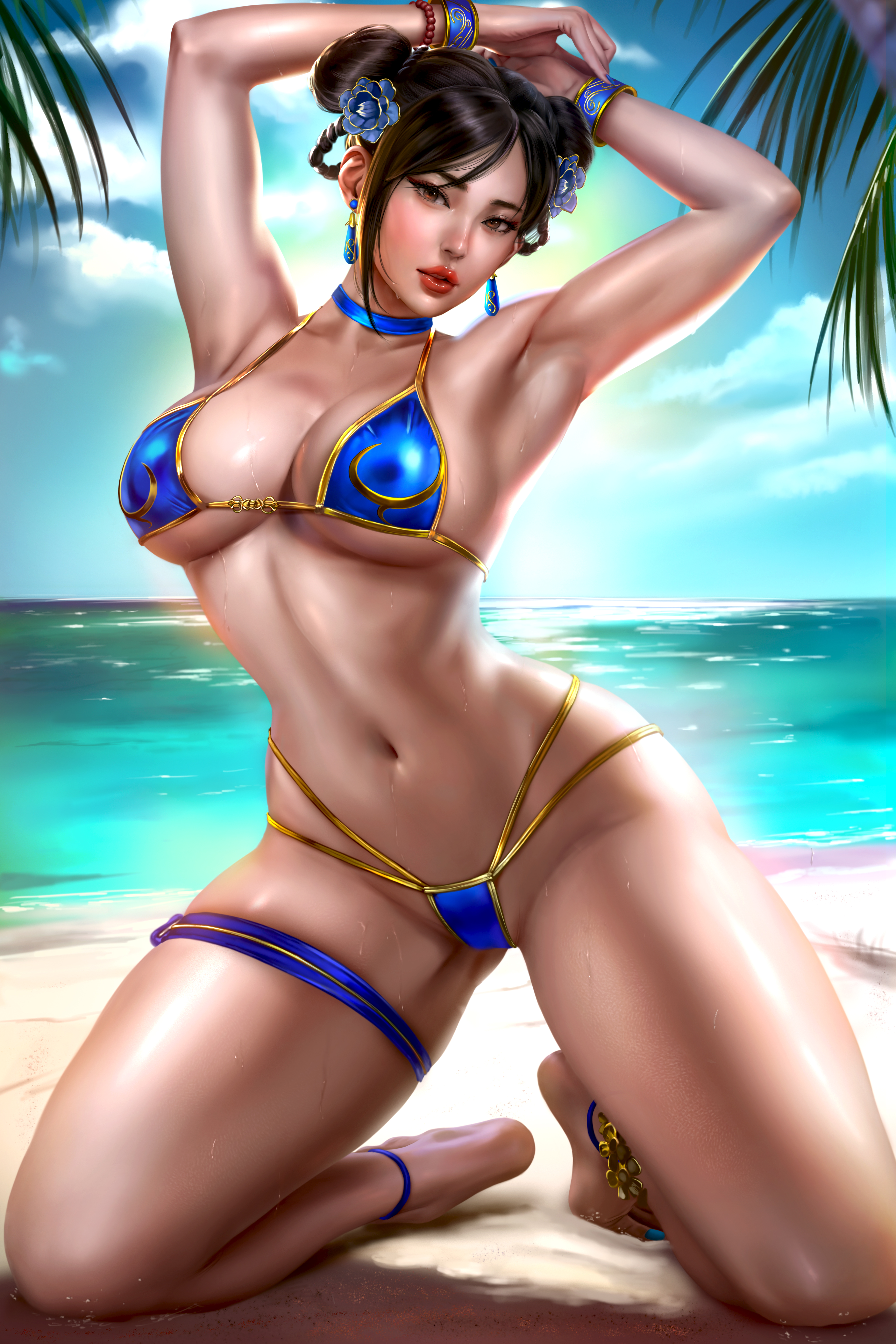 1girls absurd_res absurdres arm_up armpit armpits arms_up asian asian_female athletic athletic_female bare_arms bare_feet bare_legs bare_shoulders bare_skin bare_thighs barefoot beach big_breasts bikini bikini_bottom bikini_top blue_bikini blue_bikini_bottom blue_bikini_top blue_bra blue_bracelet blue_bracelets blue_choker blue_clothes blue_clothing blue_earrings blue_jewelry blue_panties blue_thighband blue_underwear bra bracelet bracelets breasts brown_eyes brown_hair busty capcom casual casual_exposure chinese chinese_female choker chun-li chun-li_(street_fighter_6) cleavage clothed clothing curvaceous curvaceous_body curvaceous_female curvaceous_figure curvy curvy_body curvy_female curvy_figure ear_ring earring earrings feet female female_focus female_only fit fit_female flower flower_in_hair flower_on_head full_body glistening glistening_body hair_bun hair_flower hair_ornament hair_up high_resolution highres hips huge_filesize jewelry kneeling large_breasts large_filesize legs light-skinned_female light_skin lips logan_cure looking_at_viewer mature mature_female navel ocean on_ground on_knees outdoors palm_tree palm_trees panties parted_lips pose posing red_lips red_lipstick sand shaved_armpit shaved_armpits shiny_body shiny_skin slim_girl slim_waist solo solo_female solo_focus stomach street_fighter street_fighter_6 summer thick_thighs thigh_band thighs toned toned_arms toned_body toned_female toned_legs toned_stomach tropical underboob underwear very_high_resolution voluptuous voluptuous_body voluptuous_female voluptuous_figure water