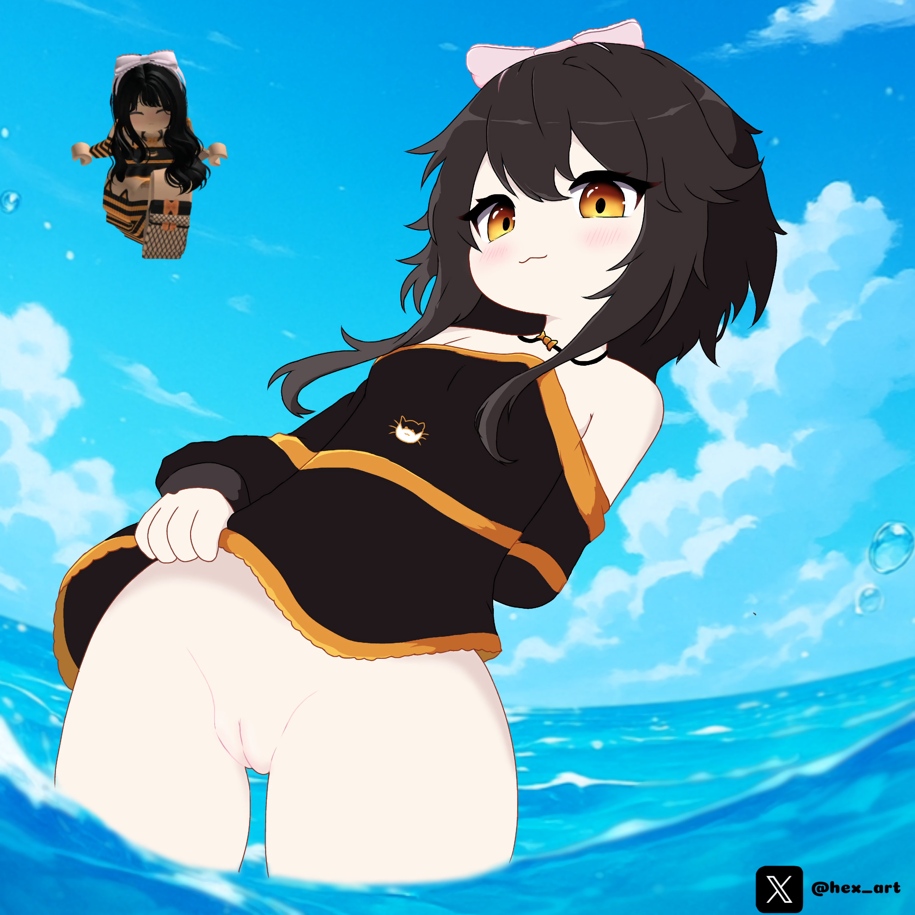 1girls art.hex art_hex background big_breasts big_legs black_and_orange black_hair black_shirt blush bottomless breasts cute cute_face female light looking no_panties orange_eyes orange_ribbon partially_clothed pink_pussy presenting presenting_pussy pussy reference_image request ribbon roblox roblox_avatar robloxian sea sea_background self_upload shy skirt_lift sky smile solo_focus stand