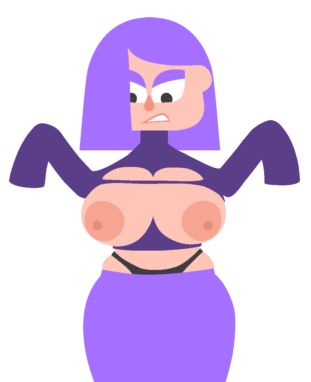 accurate_art_style angry annoyed big_breasts breasts breasts_out duolingo female lily_(duolingo) purple_hair ripped_clothing sleeves_past_wrists squish supernaturals sweater thong wardrobe_malfunction