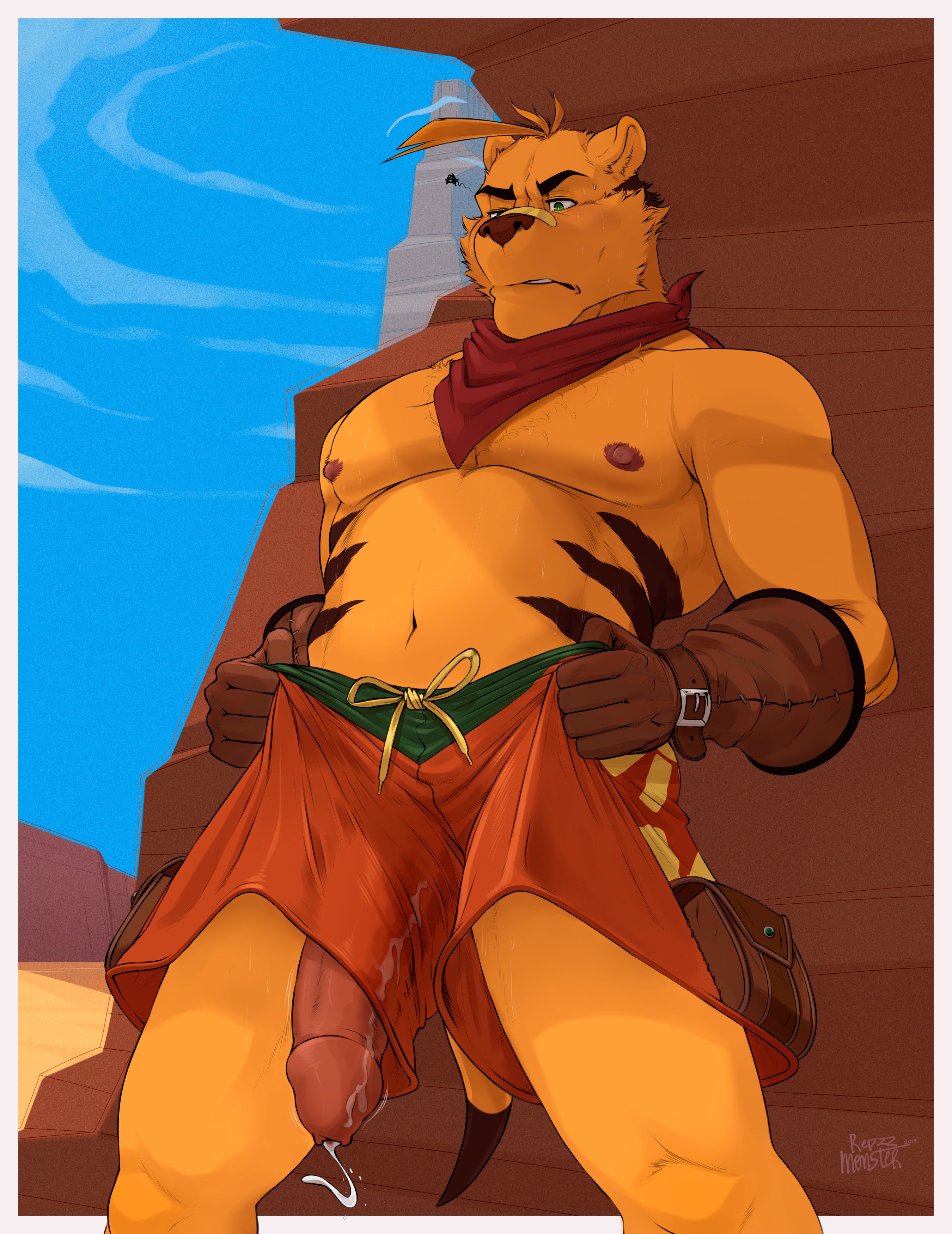 repzzmonster, ty (character), ty the tasmanian tiger, 2019, absurd res, hi res, 5 fingers, anthro, bandana, bodily fluids, bottomwear, clothed, clothing, dasyuromorph, fur, genital fluids, gloves, green eyes, handwear, looking down, male, male only, mammal, marsupial, nipples, outside, penis, penis through leghole, poking out, precum, solo, standing, sweat, thylacine, topless, video games, yellow fur, 