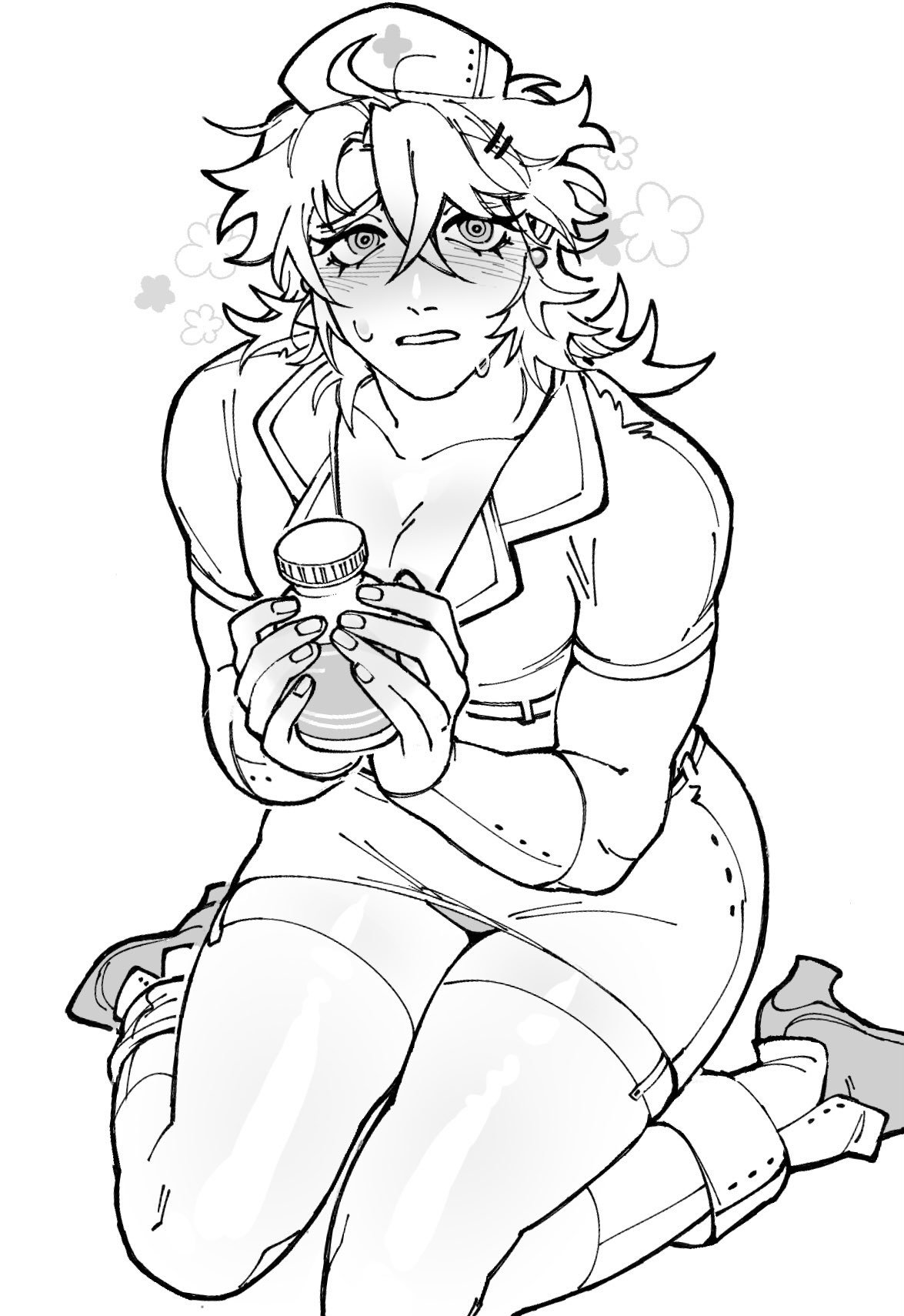 1boy, blush, blush lines, crossdressing, gay, genshin impact, holding object, looking up, nurse, nurse cap, nurse uniform, on knees, rottendevilman, solo, solo focus, solo male, sweat, sweatdrop, sweating, sweaty, thigh highs, thighhighs, thighs, thoma (genshin impact), yaoi, 