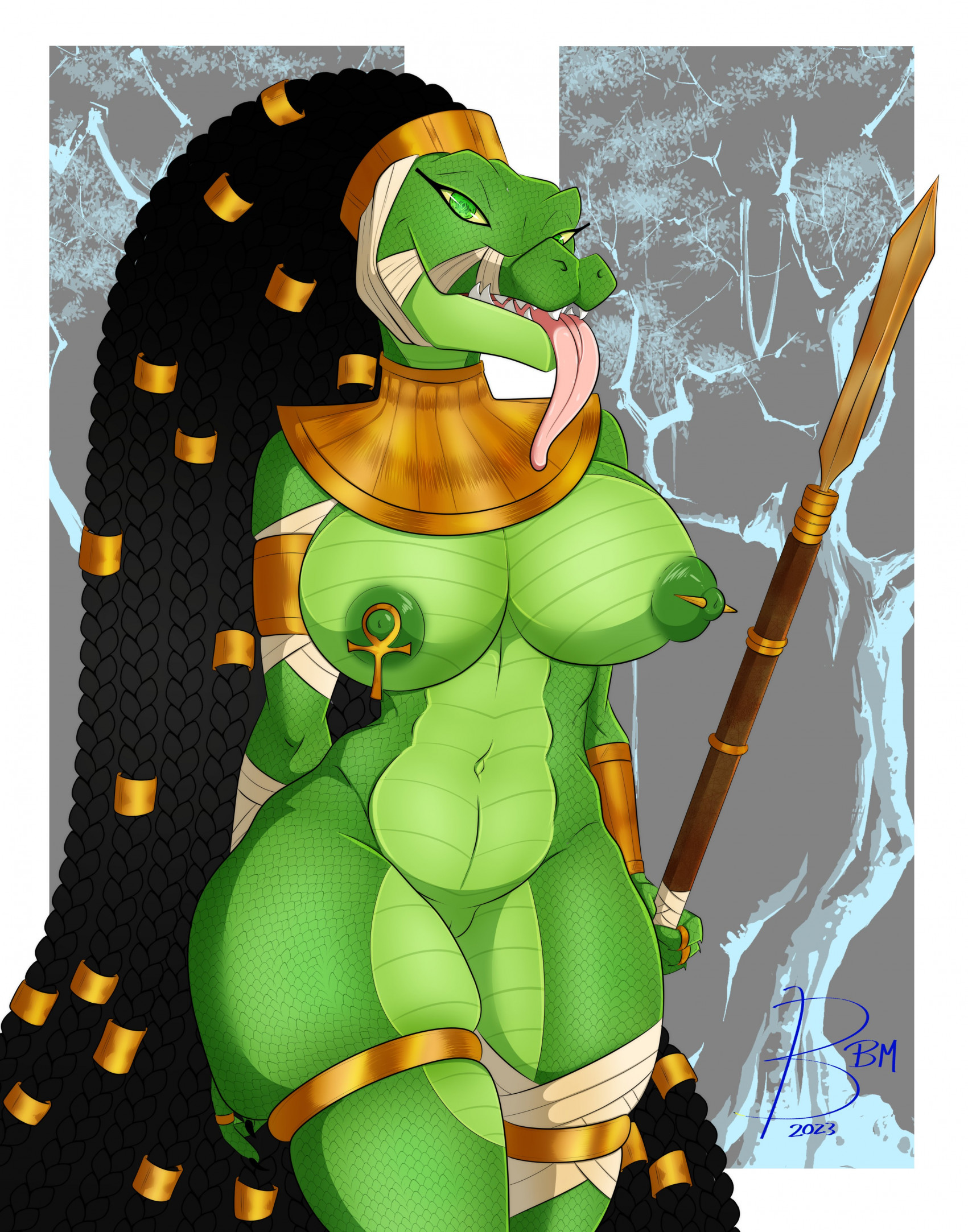 egyptian mythology, marvel, marvel cinematic universe, middle eastern mythology, mythology, dated, digital drawing (artwork), digital media (artwork), hi res, 2023, abstract background, ammit, ammit (moon knight), ankh, ankh piercing, anthro, areola, arm wraps, armlet, bandage, barely visible genitalia, barely visible pussy, big areola, big breasts, big hair, big nipples, biped, black eyebrows, black eyelashes, black hair, bracelet, braided hair, breasts, bunbunmuffins, countershade legs, countershade neck, countershade snout, countershade torso, countershading, crocodile, crocodilian, crocodylid, curved eyebrows, deity, digit ring, eyebrows, eyelashes, female, female anthro, genitals, glistening, glistening areola, glistening eyes, glistening nipples, gold (metal), gold jewelry, green areola, green body, green breasts, green eyes, green nipples, green scales, hair, holding melee weapon, holding object, holding polearm, holding weapon, jewelry, leg wrap, legband, light body, light countershading, long eyelashes, long hair, looking at viewer, melee weapon, moon knight (series), mostly nude, mostly nude anthro, mostly nude female, nipple piercing, nipples, non-mammal breasts, non-mammal nipples, open mouth, pectoral (jewelry), piercing, pink tongue, polearm, portrait, puffy areola, pupils, pussy, reptile, ring (jewelry), scales, scalie, sharp teeth, signature, snout, solo, spear, squish, standing, teeth, thick thighs, thigh squish, thighband, thin eyebrows, three-quarter portrait, tongue, tongue out, unusual pupils, weapon, wide hips, wraps, wrist wraps, yellow sclera, 