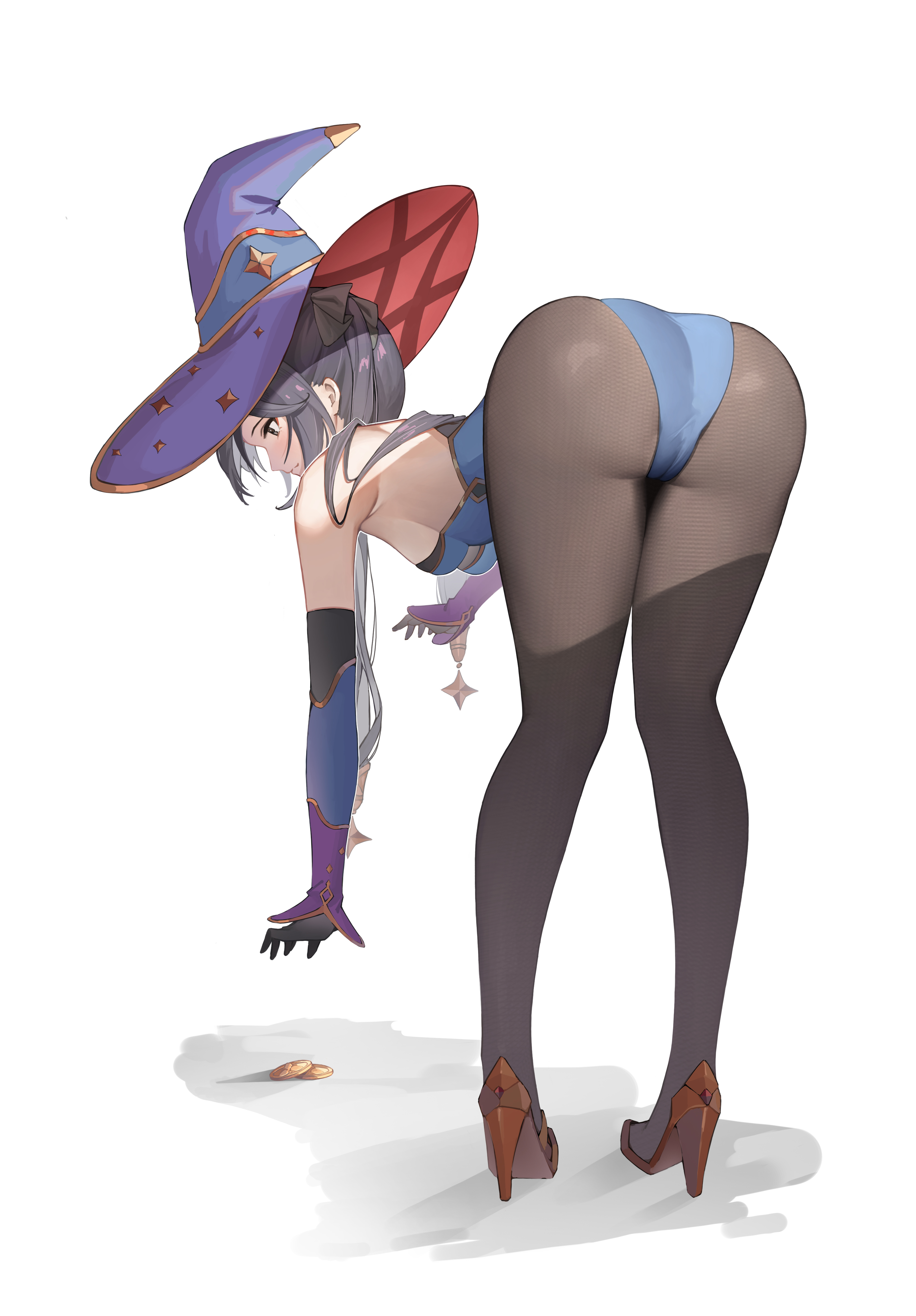 black hair, bodysuit, breasts, clothed, clothing, female, female focus, female only, genshin impact, gloves, hat, mage, mona (genshin impact), thighs, white body, white skin, 