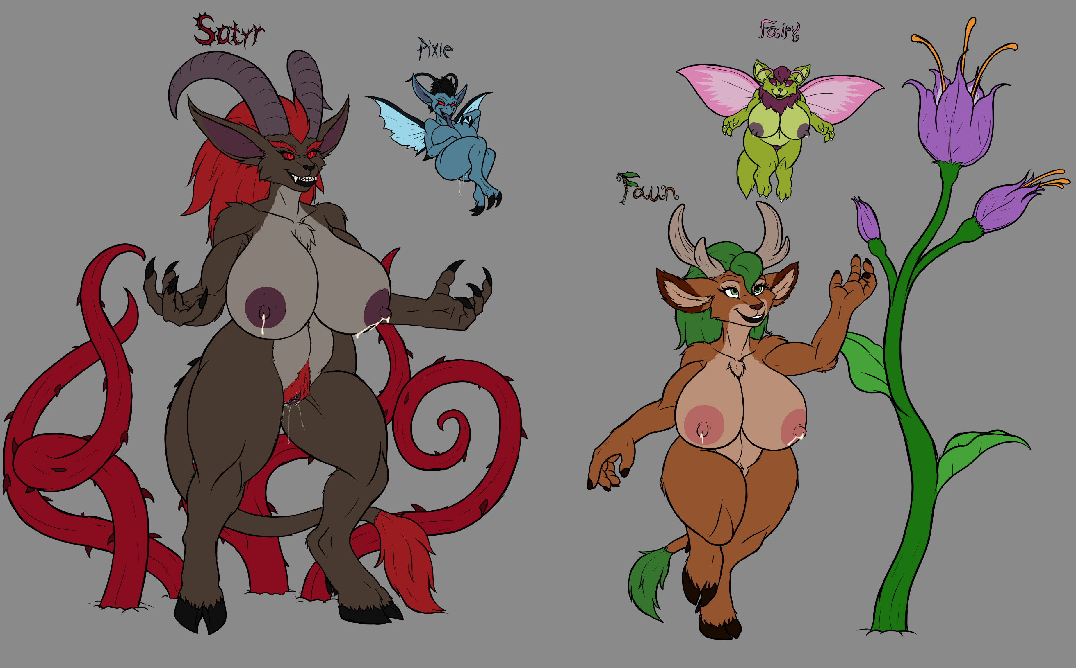 absurd res, hi res, simple background, anthro, athletic, athletic female, big breasts, blue body, bodily fluids, breast milking, breasts, brown body, brown fur, demon, fairy, fangs, faun, female, fluffy, fluffy tail, flying, fur, genital fluids, genitals, green body, green fur, green hair, group, hair, horn, karnator, lactating, multicolored body, multicolored fur, open mouth, open smile, pixie, plant, pubes, pussy, pussy juice, satyr, smile, thick thighs, wide hips, 