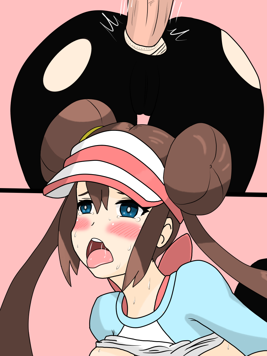 artist request, rosa (pokemon), satoshi (pokemon), nintendo, pokemon bw2, pink background, source request, 1boy, 1girls, ahe gao, anal, anal sex, anus, ass, blue eyes, blush, breasts, breasts out, brown hair, clothed female nude male, double bun, faceless male, female, half-closed eyes, hat, human, human only, humans of pokemon, male, pantyhose, penis, pokemon, pussy, saliva, sex, shirt, shirt lift, sweat, tears, thigh gap, twintails, wet, wide hips, 