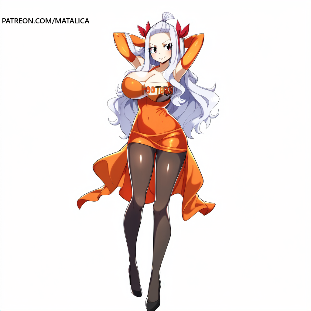 mirajane strauss, fairy tail, hooters, pose, self upload, ai generated, anime, arms behind head, big breasts, high heels, huge boobs, huge breasts, large boobs, large breasts, large tits, long hair, matalica, novelai, orange outfit, pinup, roleplay, stockings, uniform, white hair, 